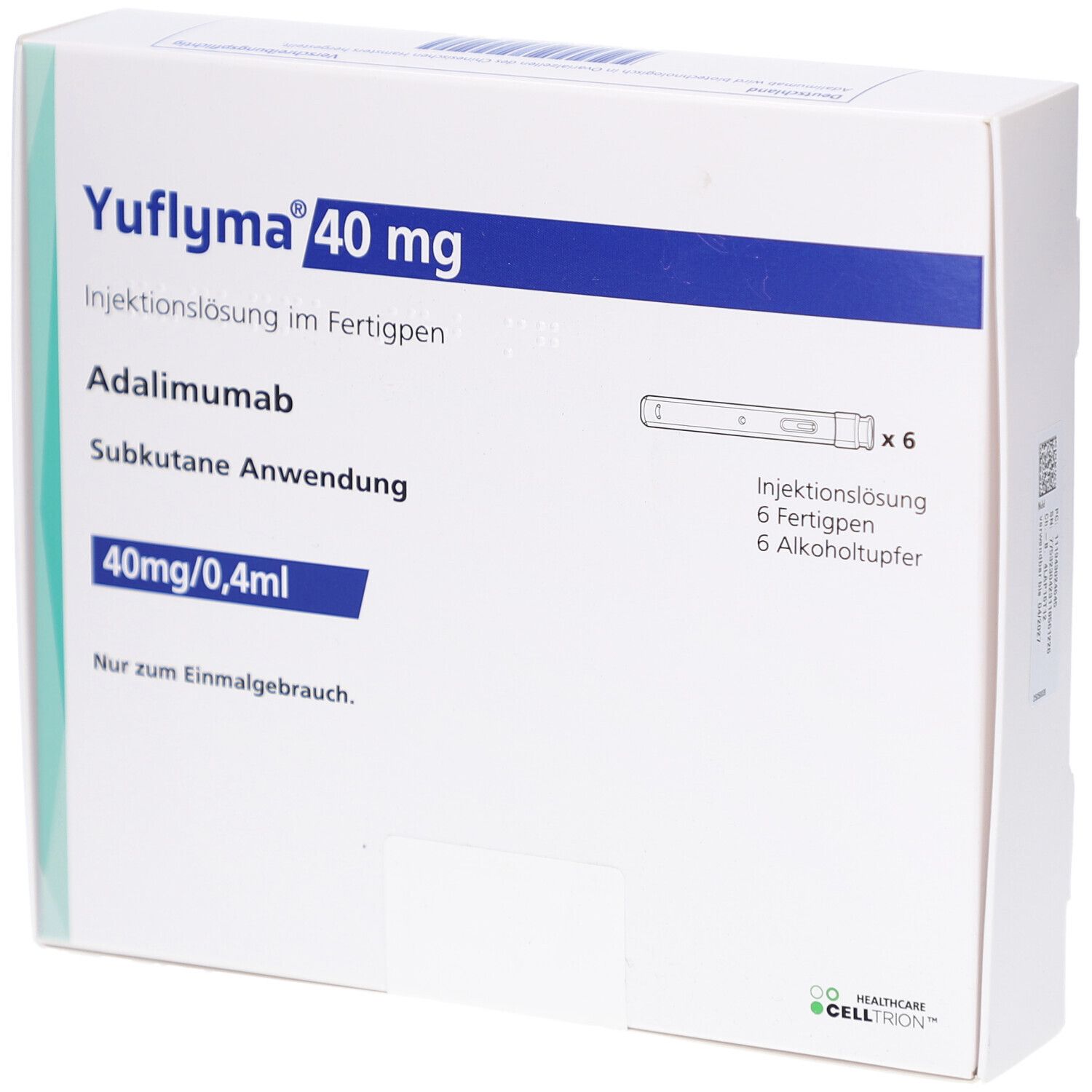 Weiße Verpackung mit YUFLYMA 40 mg. Enthält Injektionslösung im Fertigpen, Adalimumab. 6 Fertigpens und Alkoholtupfer.