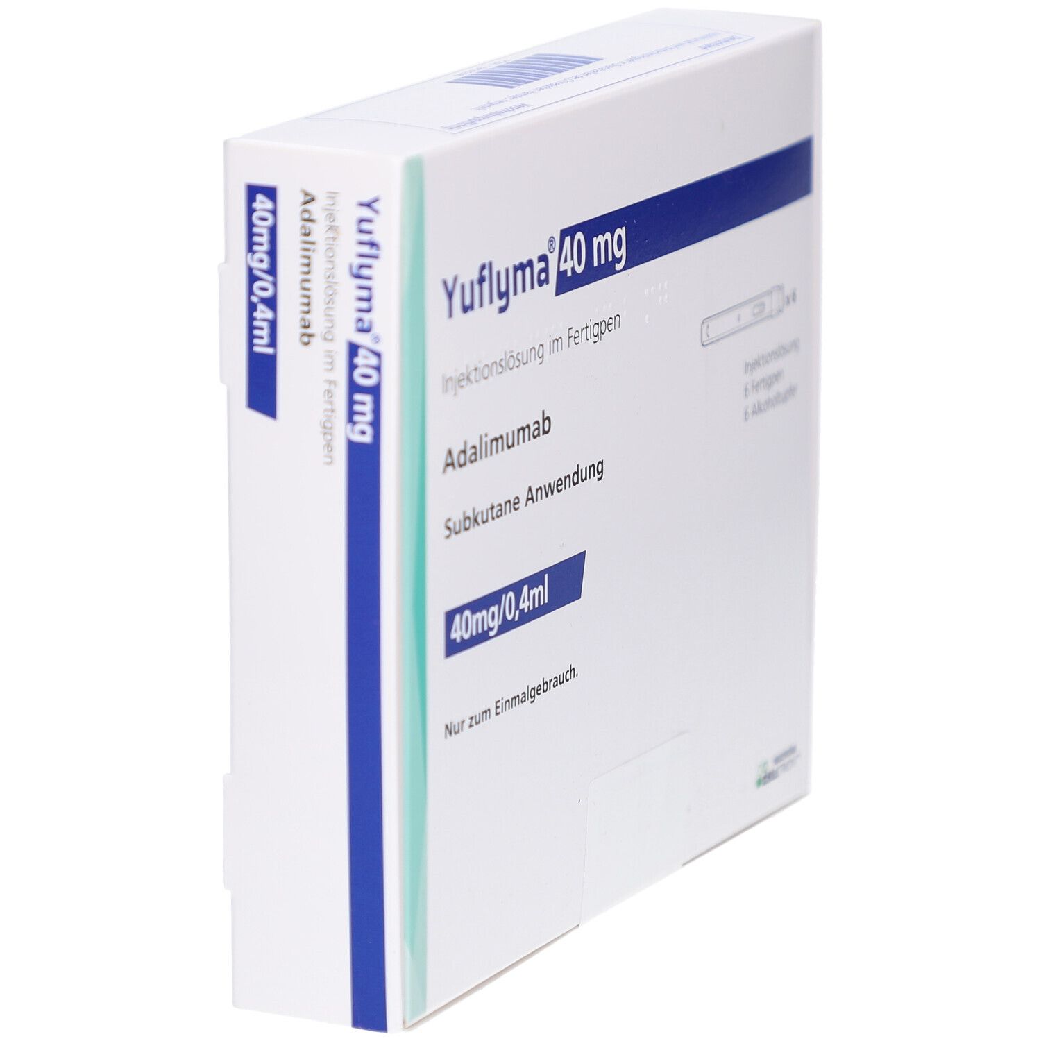 Weiße Verpackung, YUFLYMA 40 mg. Enthält Injektionslösung im Fertigpen, Adalimumab. Blaue Linie an der Seite.