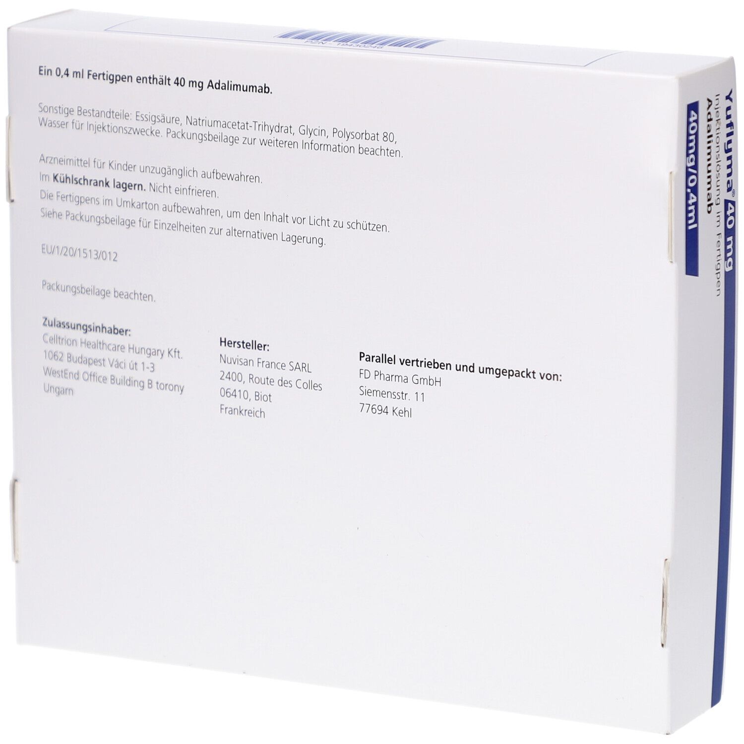 Rückseite der weißen Verpackung. Textinformationen: Inhaltsstoffe, Hersteller, Vertrieb.