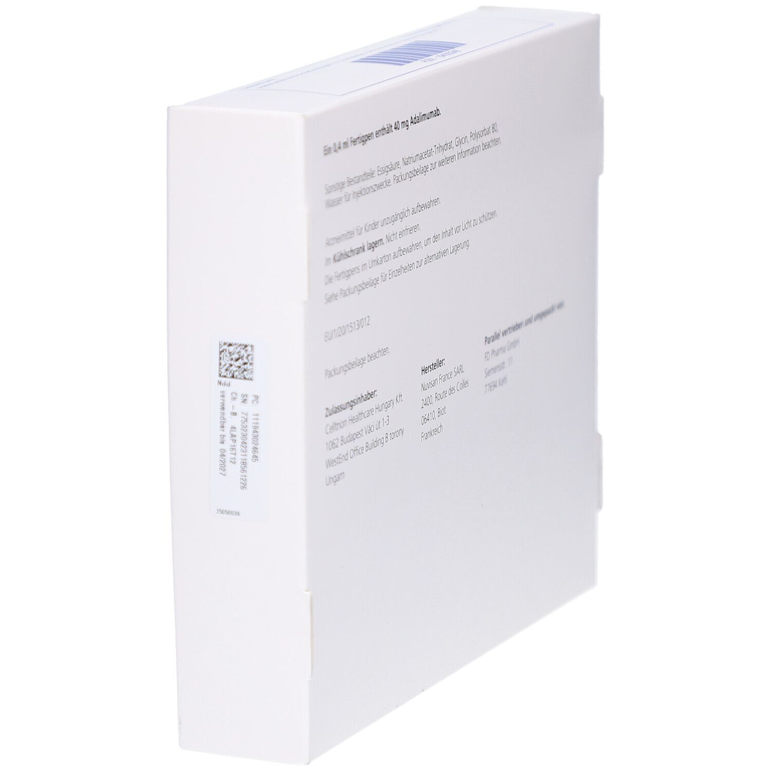 Seite der weißen Verpackung. Textinformationen: Inhaltsstoffe, Hersteller, Chargennummer.