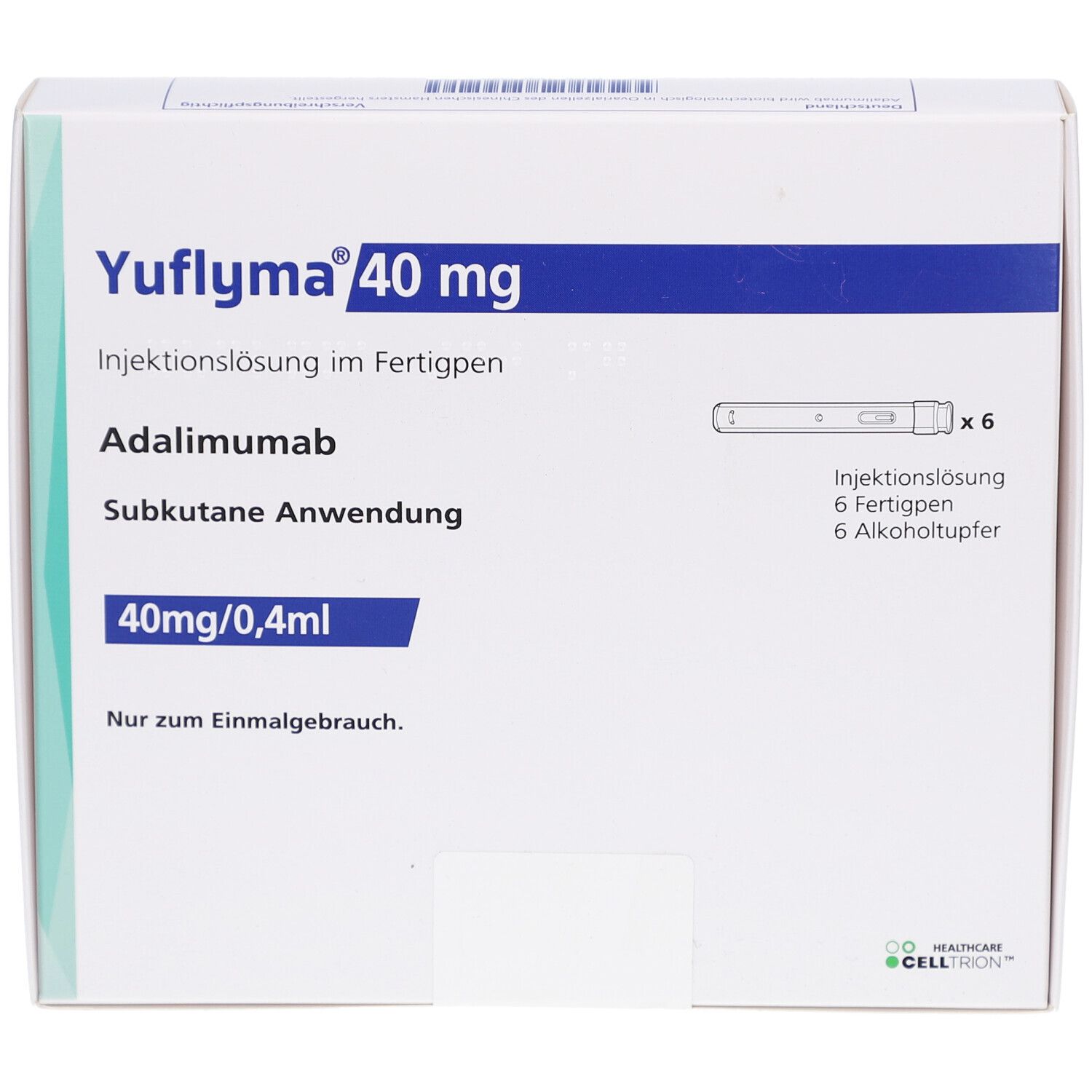 Weiße Verpackung mit YUFLYMA 40 mg. Enthält Injektionslösung im Fertigpen, Adalimumab. 6 Fertigpens und Alkoholtupfer.