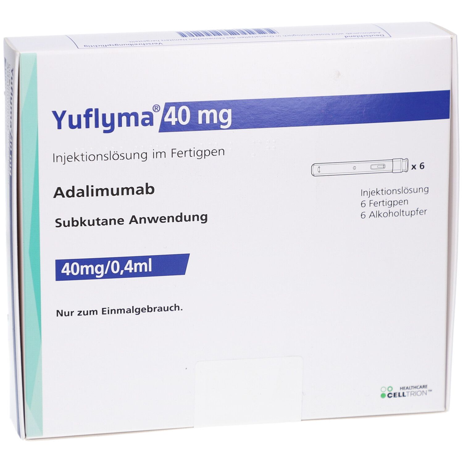 Weiße Verpackung mit YUFLYMA 40 mg. Enthält Injektionslösung im Fertigpen, Adalimumab. 6 Fertigpens und Alkoholtupfer.
