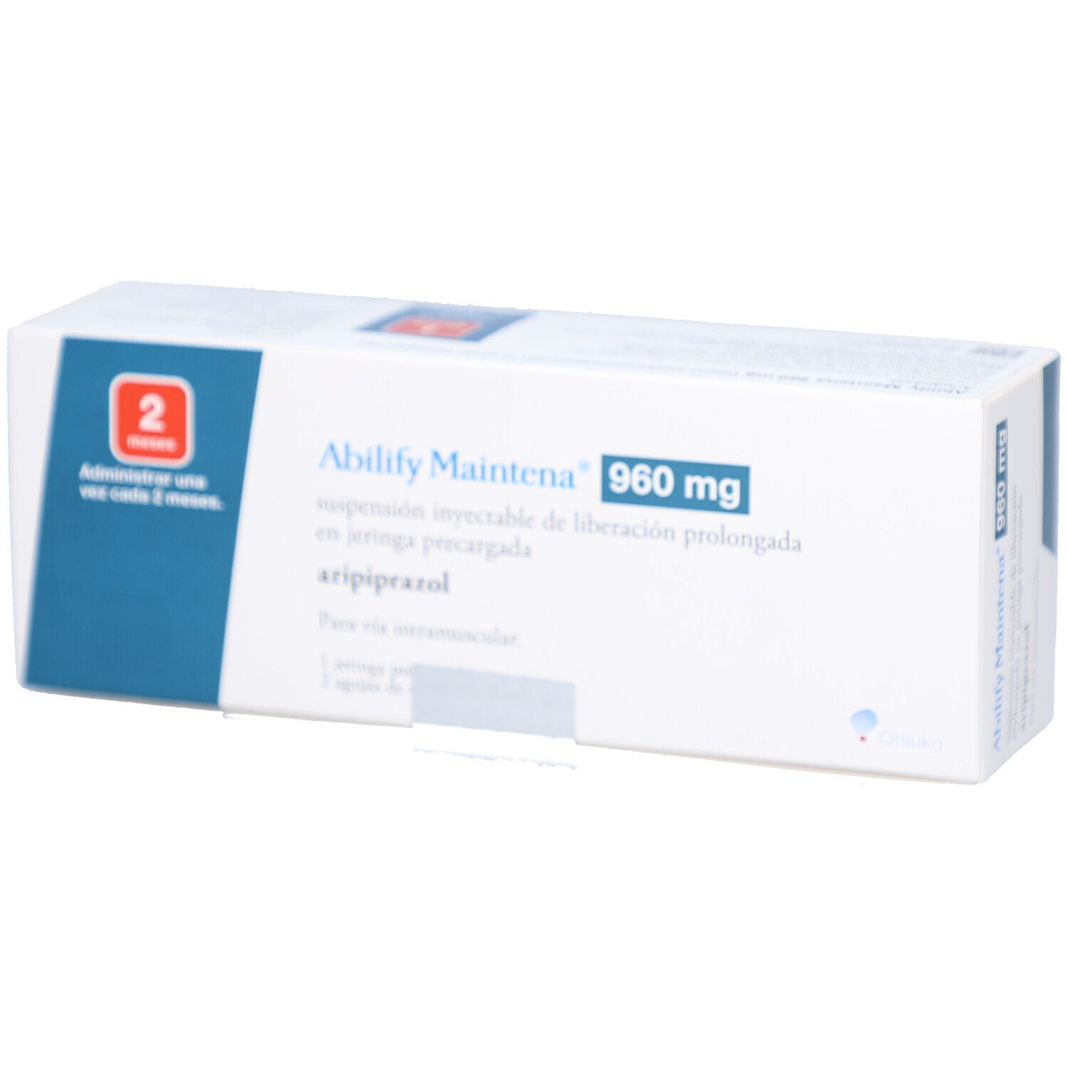 Verpackung von ABILIFY Maintena 960 mg. Weiße Schachtel mit blauen Akzenten. Text: "960 mg", "aripiprazol".