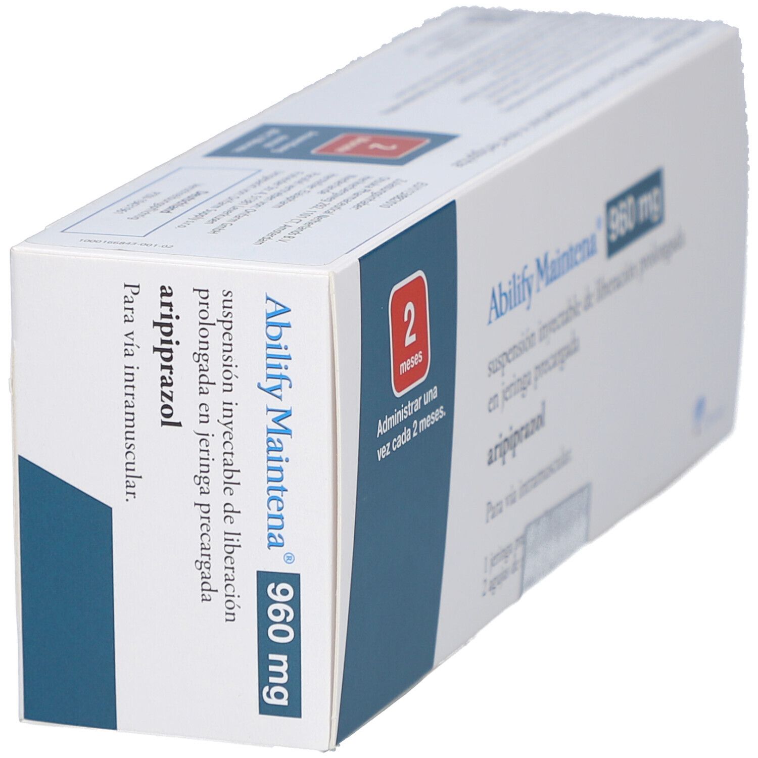 ABILIFY Maintena 960 mg Verpackung, schräg. Weiße Schachtel mit blauen Akzenten. Text: "960 mg", "aripiprazol".