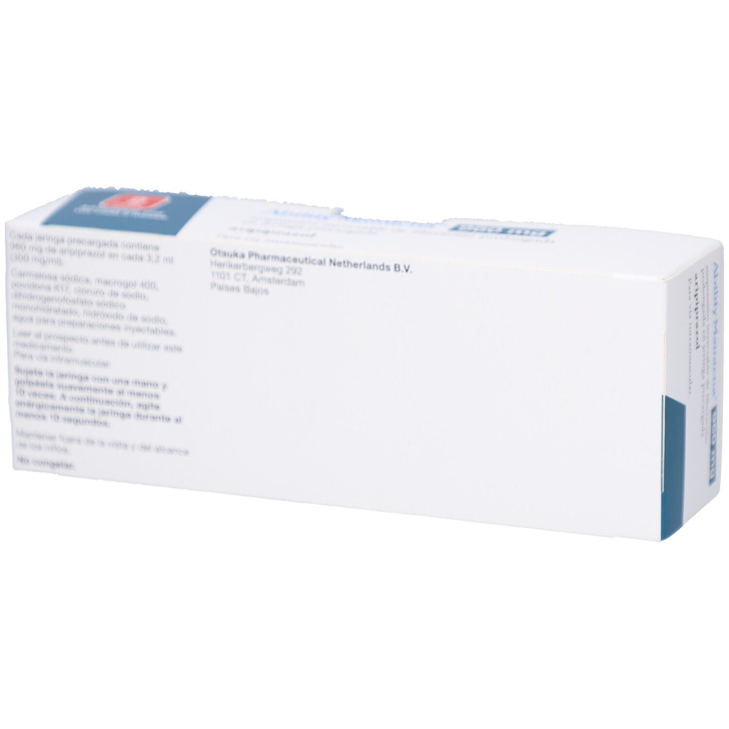 Rückseite der ABILIFY Maintena 960 mg Verpackung. Weiße Schachtel mit Text und blauen Akzenten.