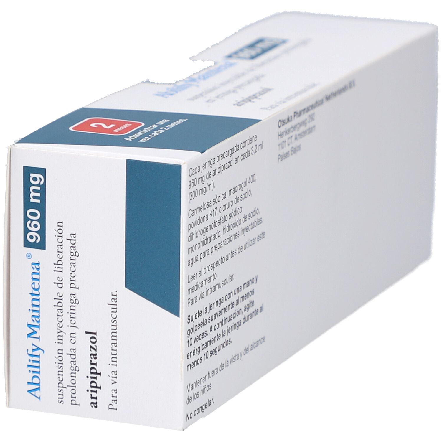 ABILIFY Maintena 960 mg Verpackung, schräg. Weiße Schachtel mit blauen Akzenten. Text: "960 mg", "aripiprazol".