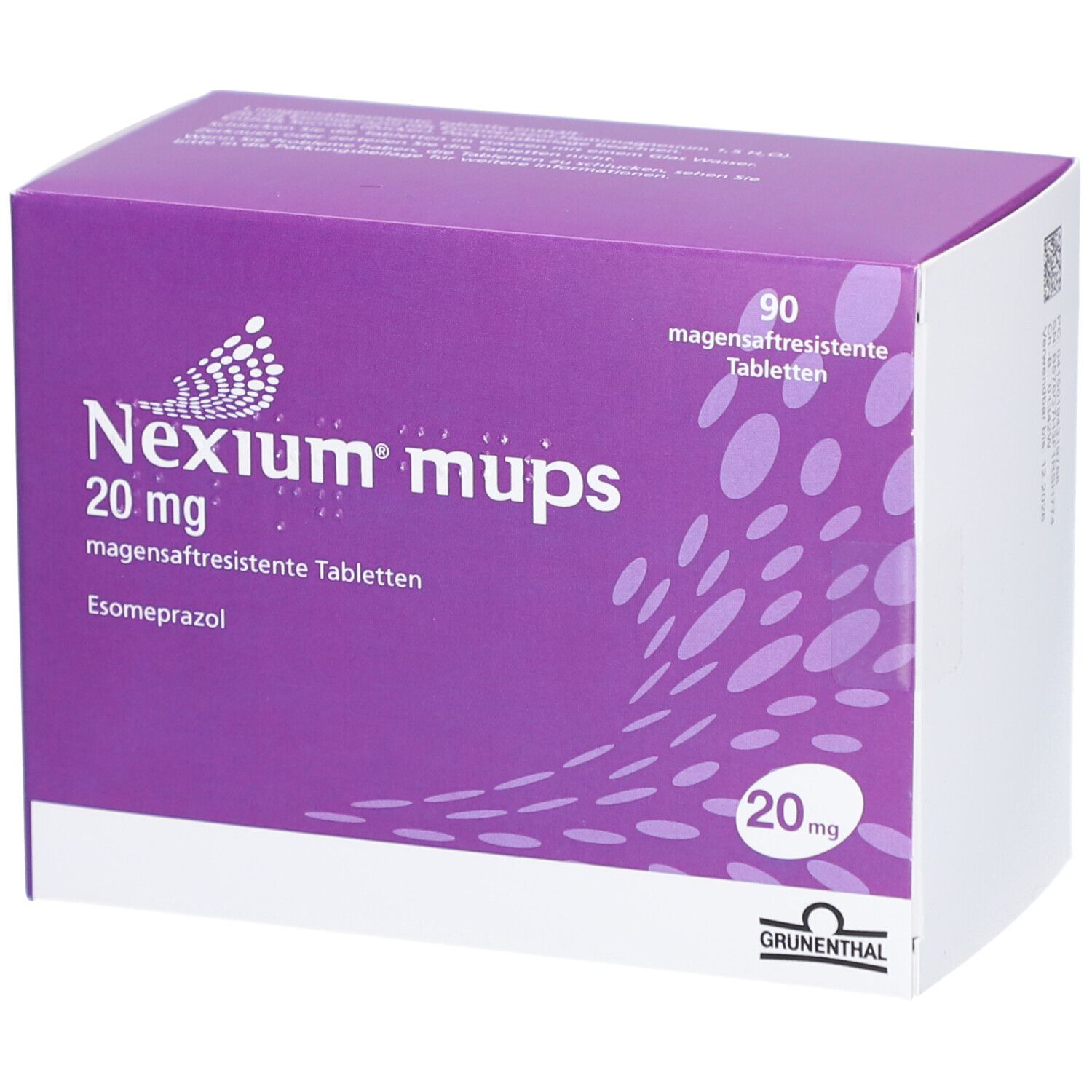 Schachtel mit NEXIUM mups 20 mg Tabletten. Lila-weiße Verpackung mit Produktnamen und Dosierung. 90 magensaftresistente Tabletten.