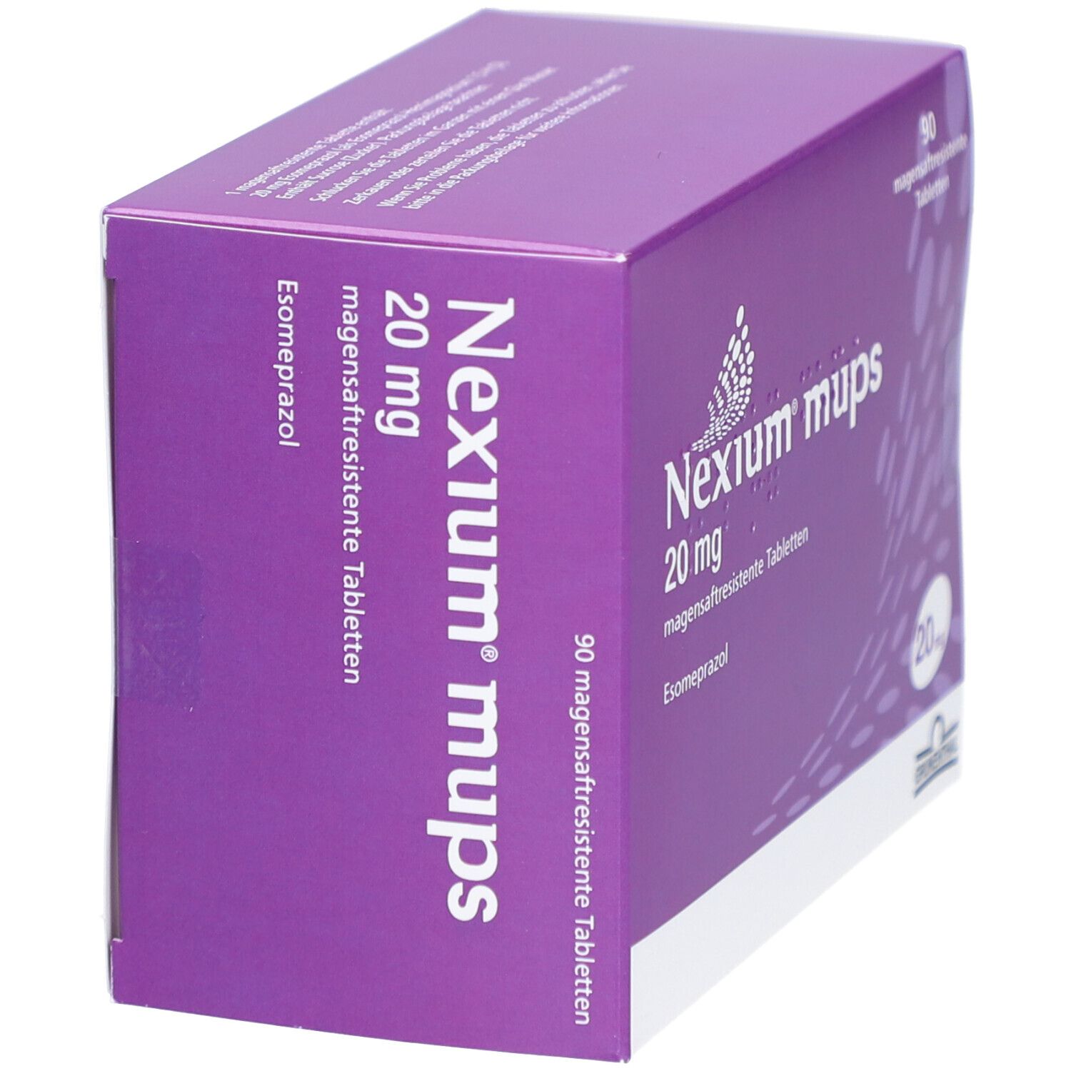 Schachtel mit NEXIUM mups 20 mg Tabletten. Lila-weiße Verpackung mit Produktnamen und Dosierung. 90 magensaftresistente Tabletten.