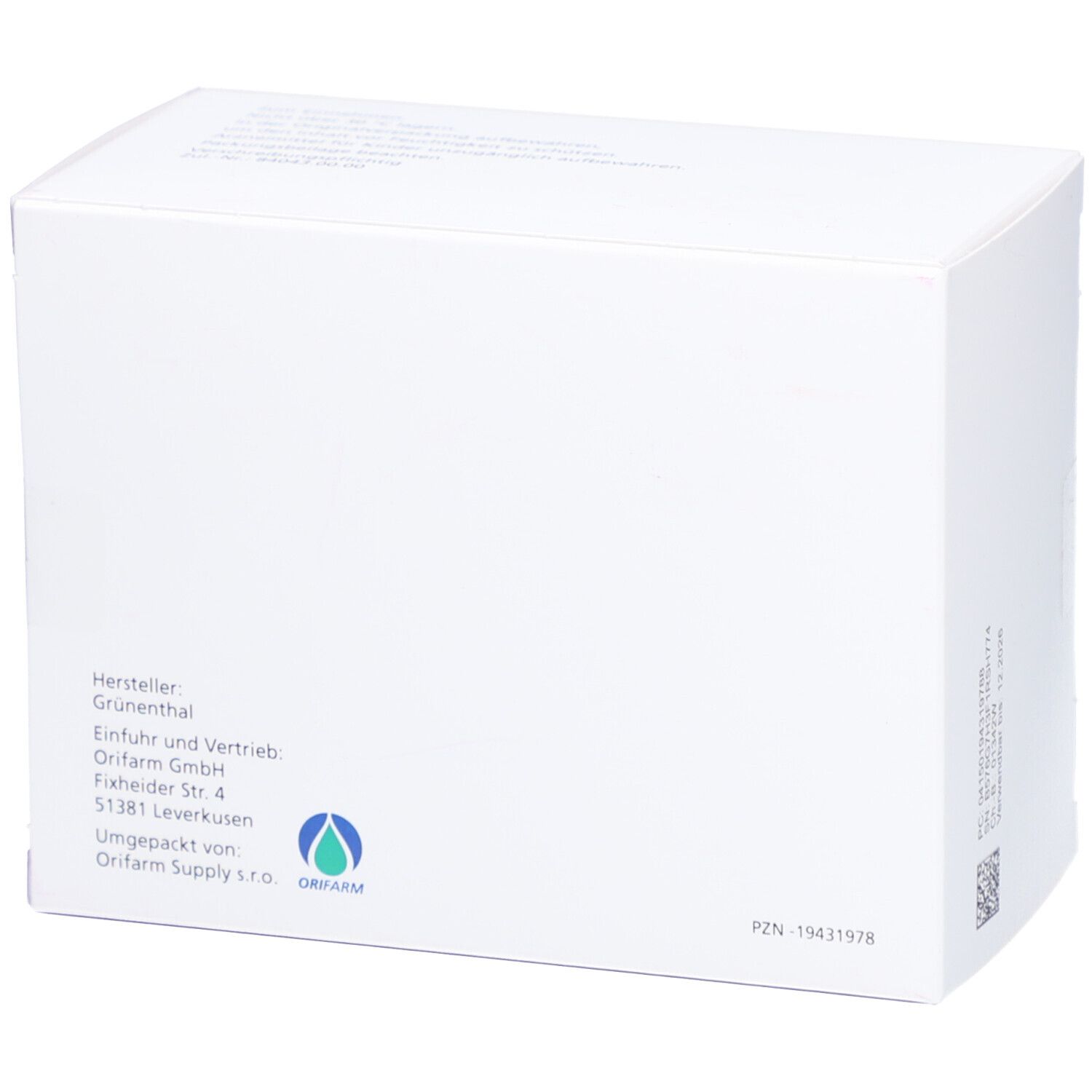 Weiße Schachtel mit Herstellerinformationen. Logo von Orifarm. Text auf Deutsch.