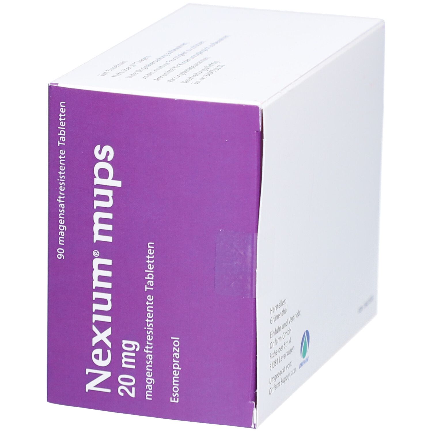 Schachtel mit NEXIUM mups 20 mg Tabletten. Lila-weiße Verpackung mit Produktnamen und Dosierung. 90 magensaftresistente Tabletten.