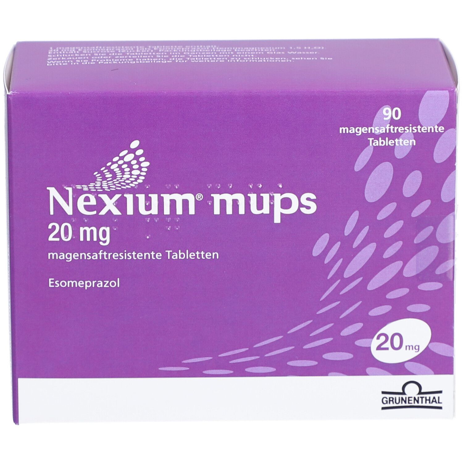Schachtel mit NEXIUM mups 20 mg Tabletten. Lila-weiße Verpackung mit Produktnamen und Dosierung. 90 magensaftresistente Tabletten.