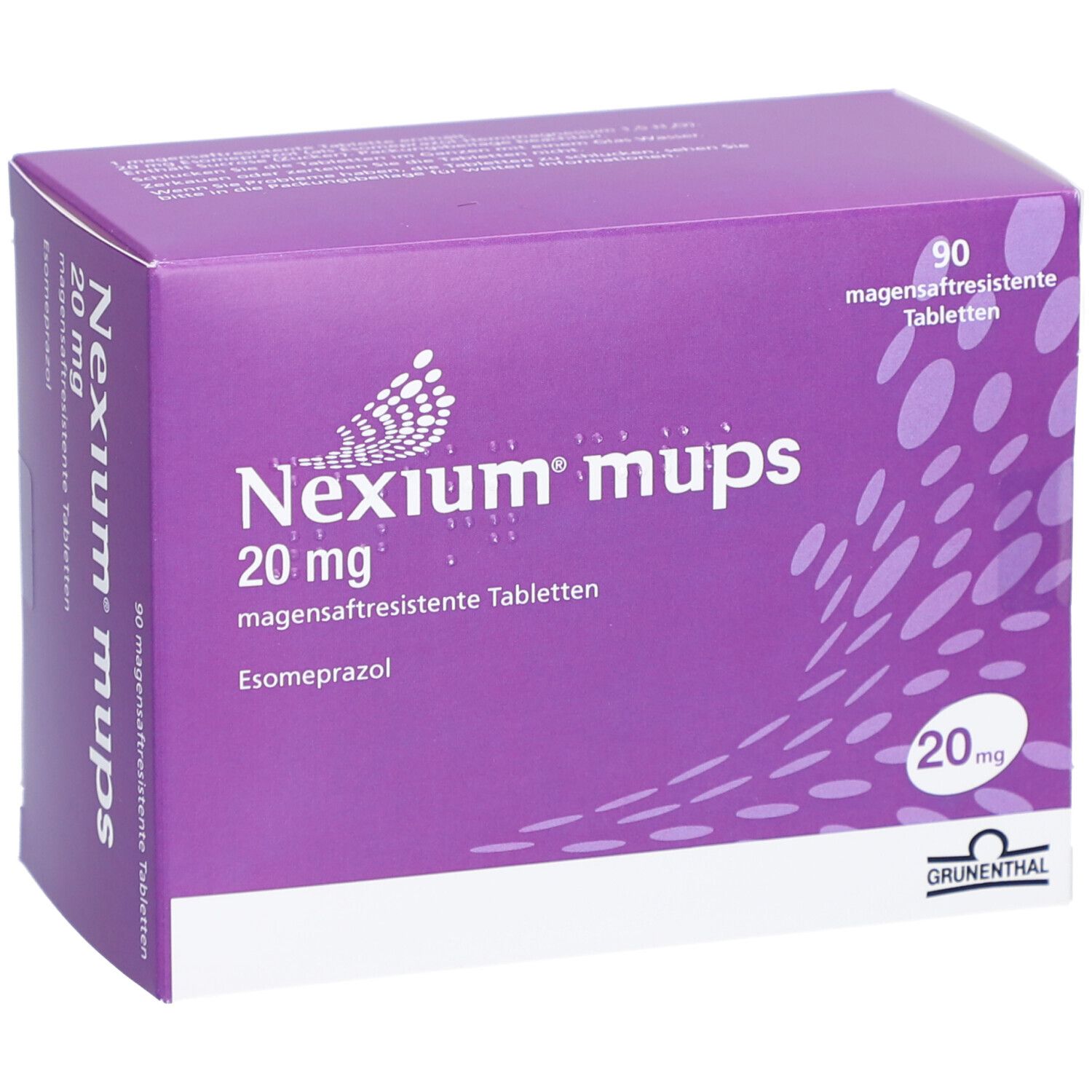 Schachtel mit NEXIUM mups 20 mg Tabletten. Lila-weiße Verpackung mit Produktnamen und Dosierung. 90 magensaftresistente Tabletten.