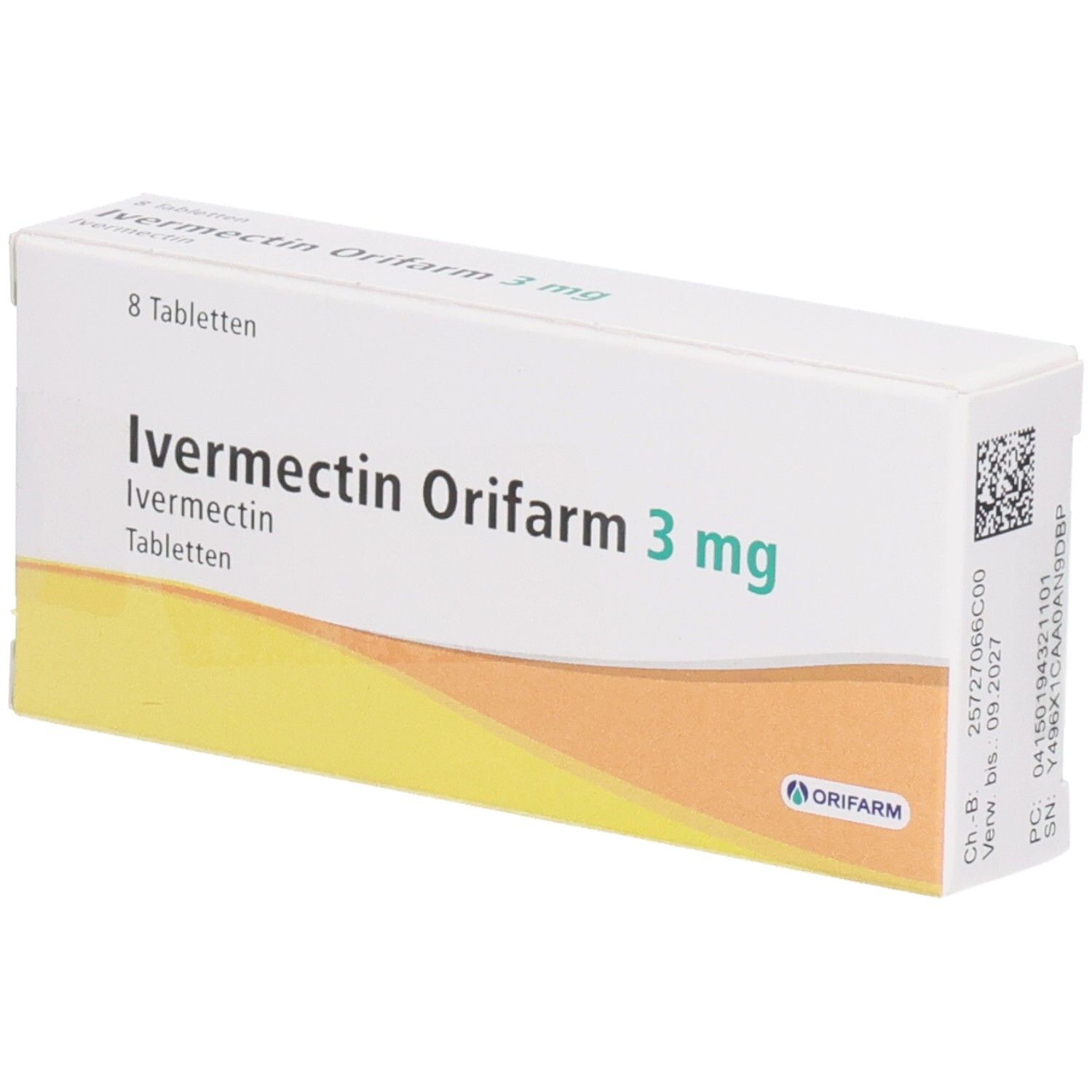 Schachtel mit Ivermectin Orifarm 3 mg Tabletten. 8 Tabletten. Grün-weiße Verpackung mit Logo.