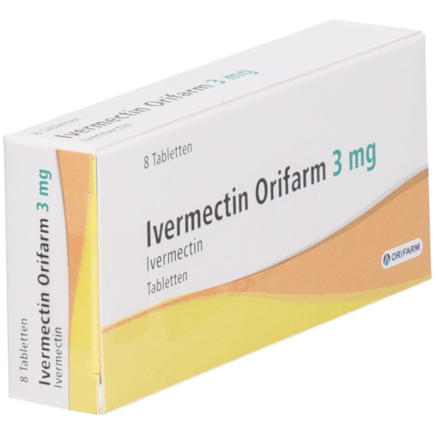 Schachtel Ivermectin Orifarm 3 mg Tabletten. 8 Tabletten. Weiße Verpackung mit gelb-orangefarbenem Akzent.