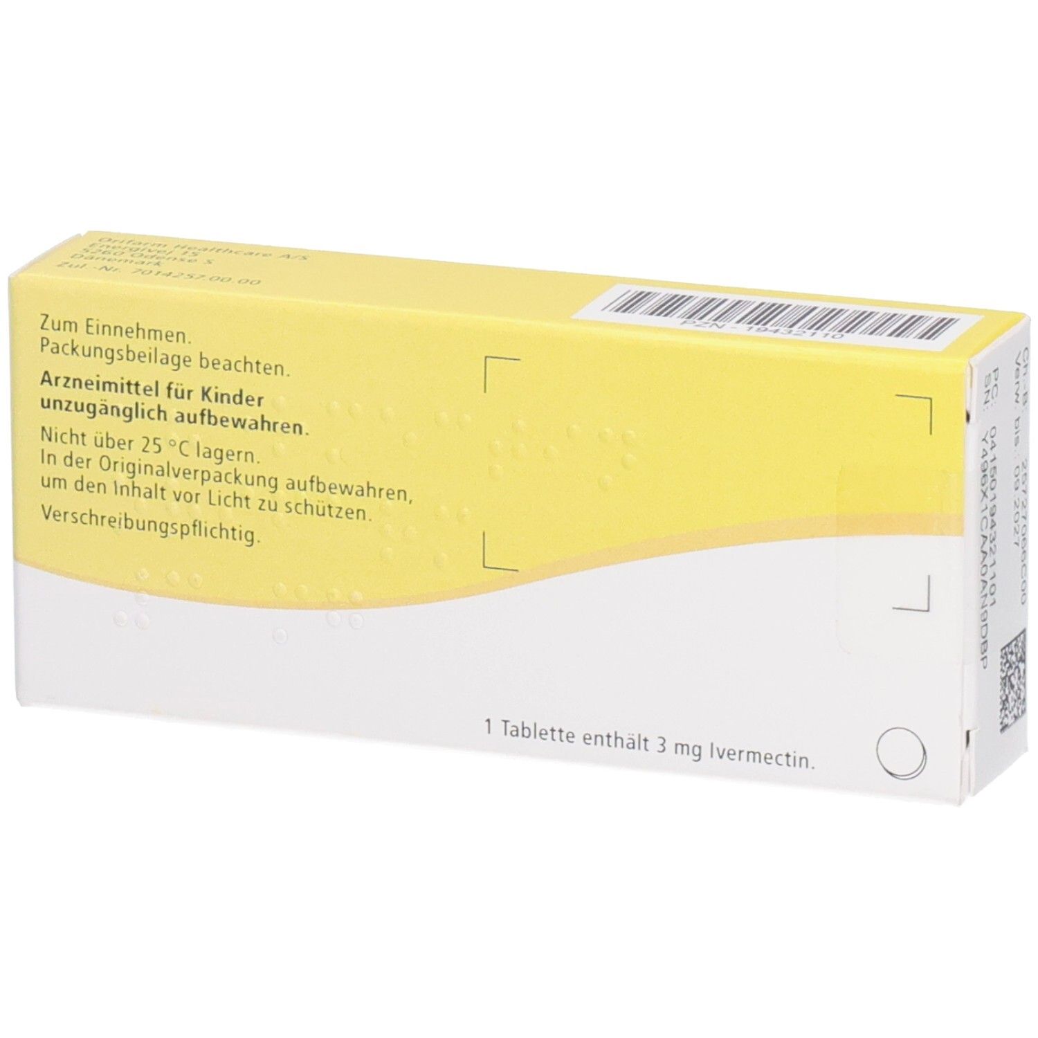 Rückseite der Schachtel Ivermectin Orifarm 3 mg. Gelber Hintergrund mit Text und Barcode.