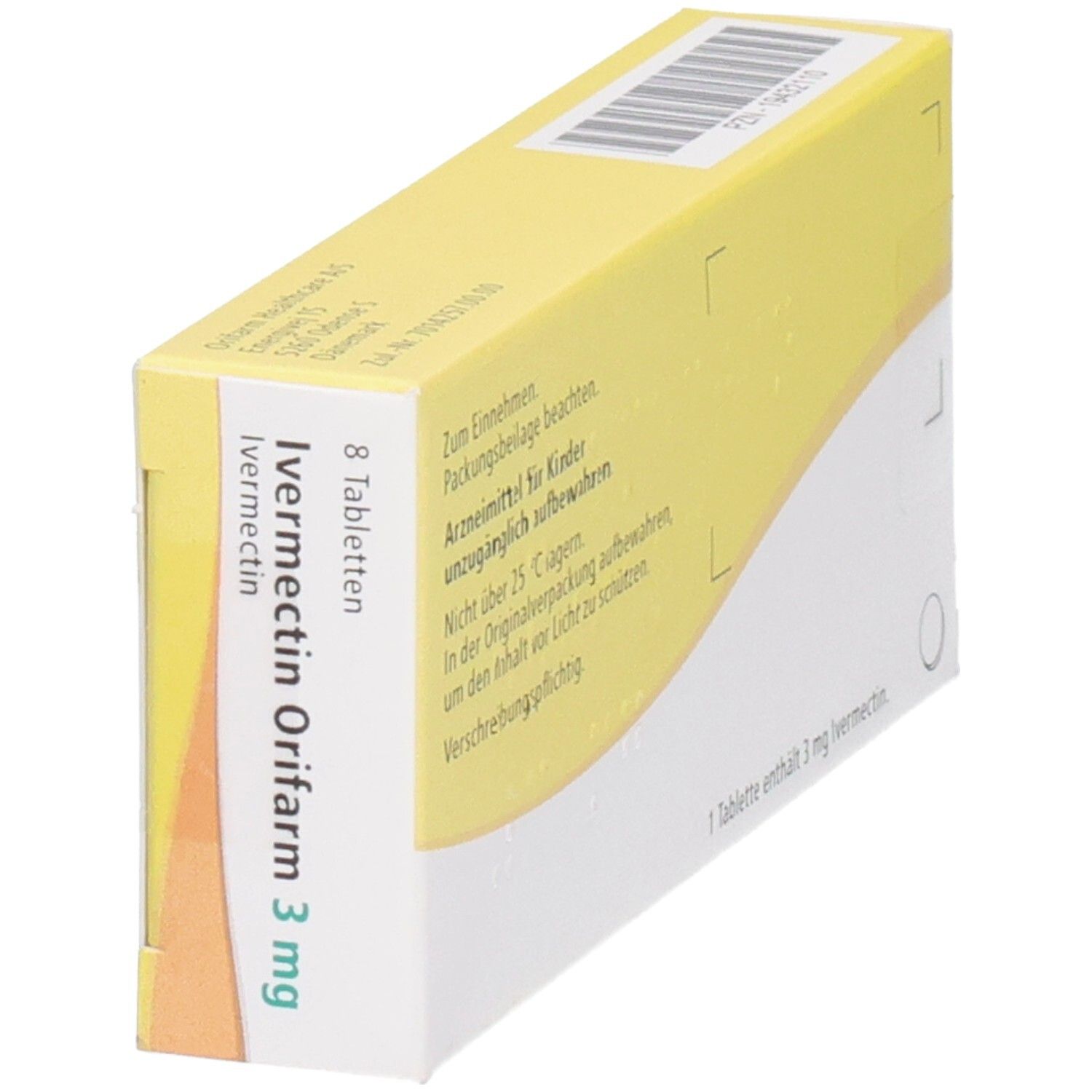 Schachtel Ivermectin Orifarm 3 mg Tabletten. 8 Tabletten. Gelber Hintergrund mit Text.