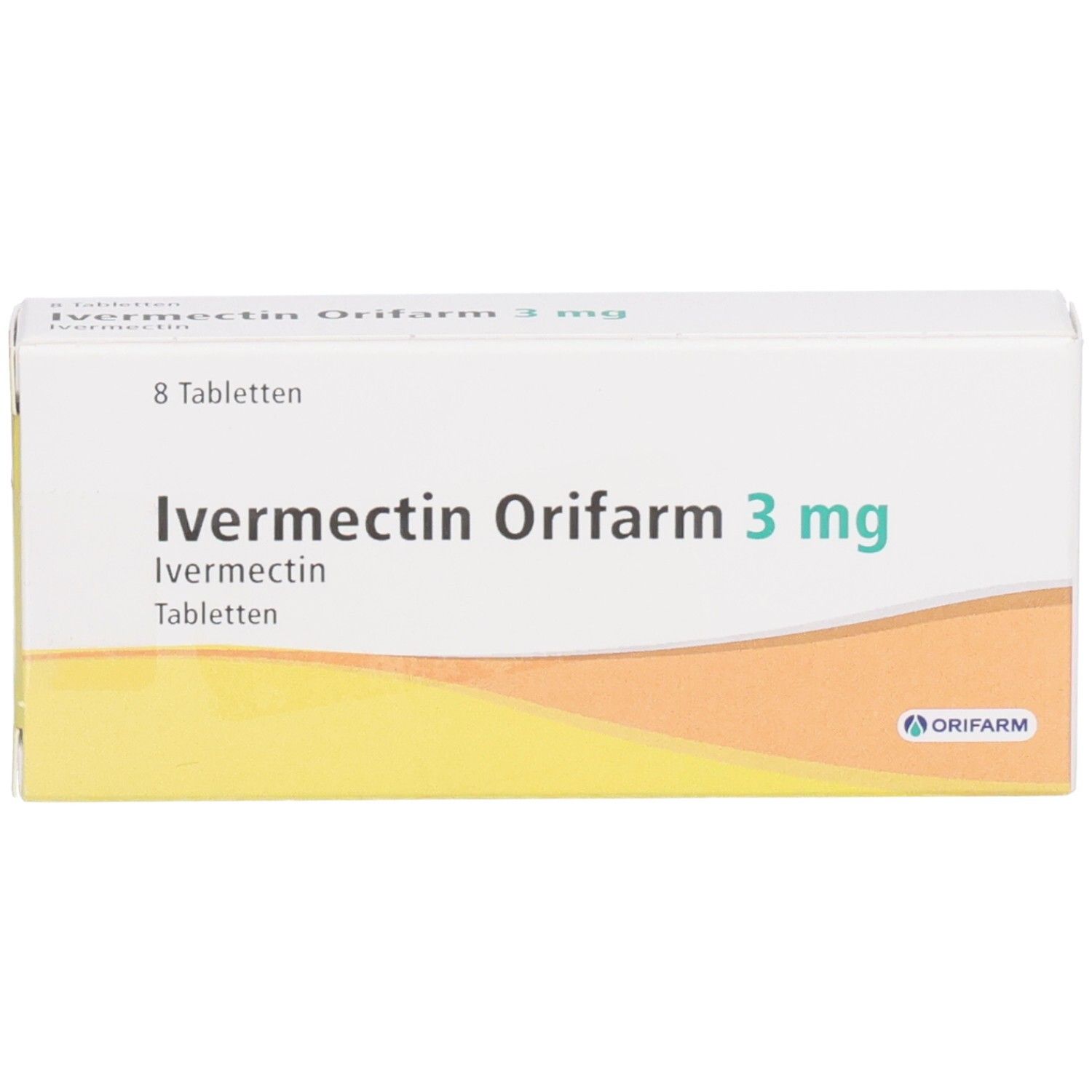Schachtel Ivermectin Orifarm 3 mg Tabletten. 8 Tabletten. Weiße Verpackung mit orangefarbenem Akzent.