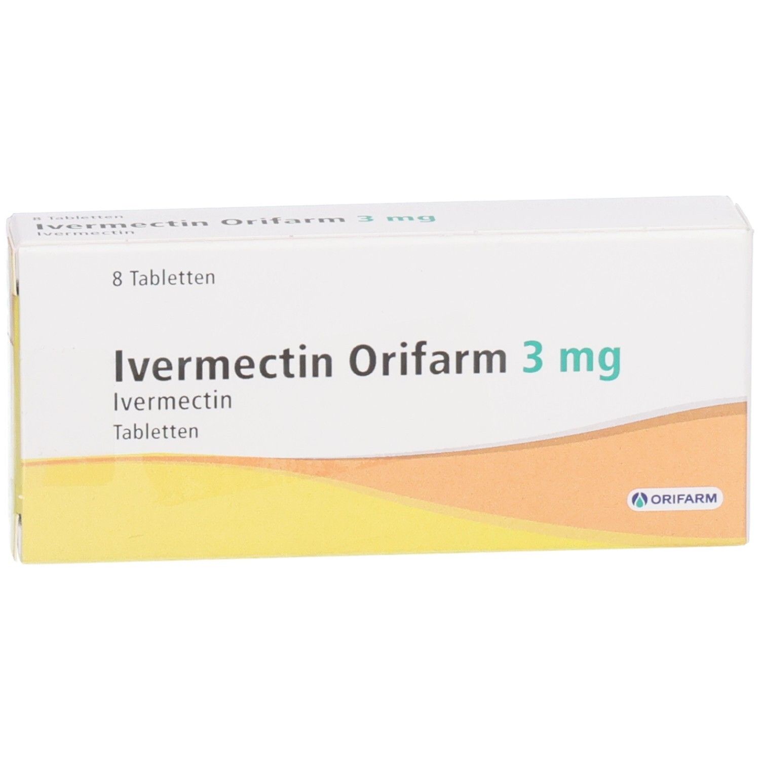 Schachtel Ivermectin Orifarm 3 mg Tabletten. 8 Tabletten. Weiße Verpackung mit orangefarbenem Akzent.