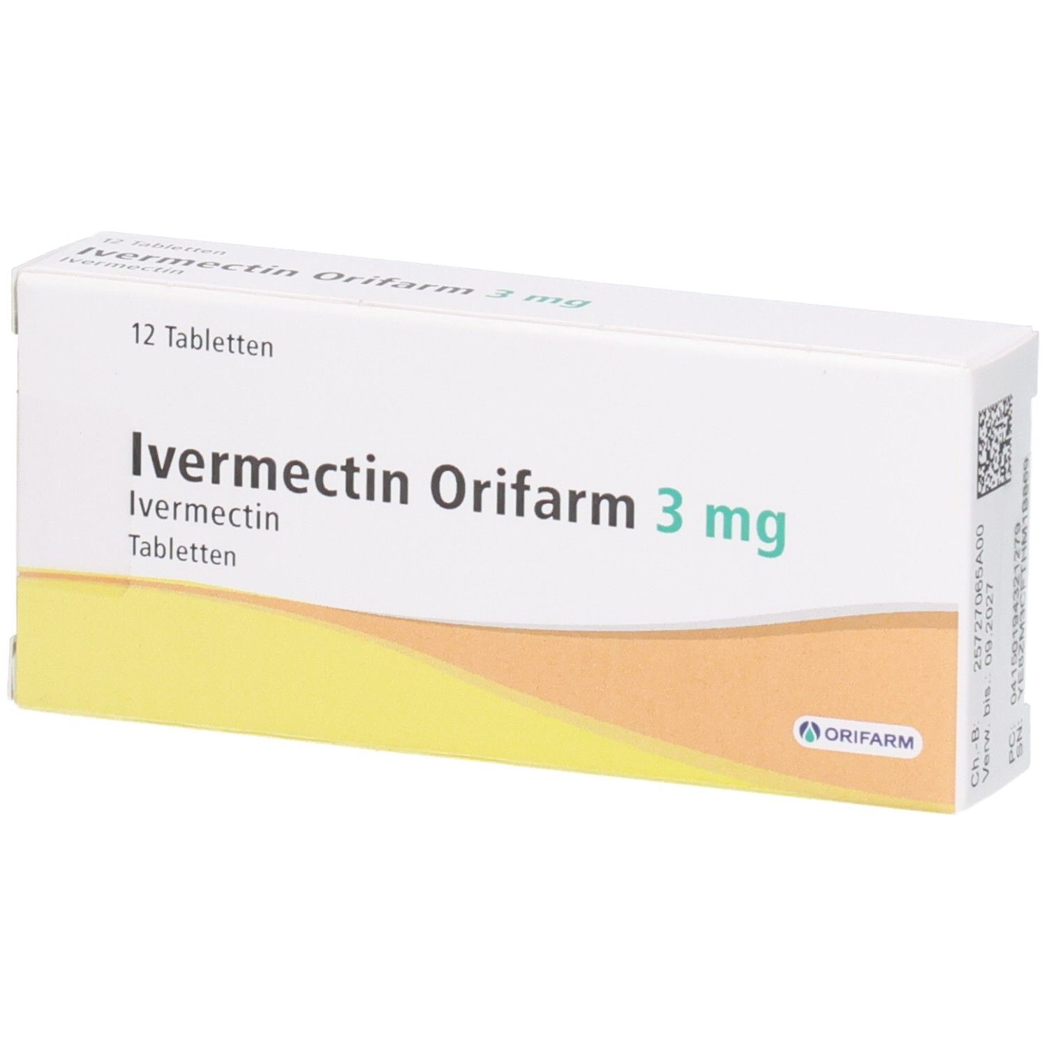 Packung mit 12 Tabletten Ivermectin Orifarm 3 mg.