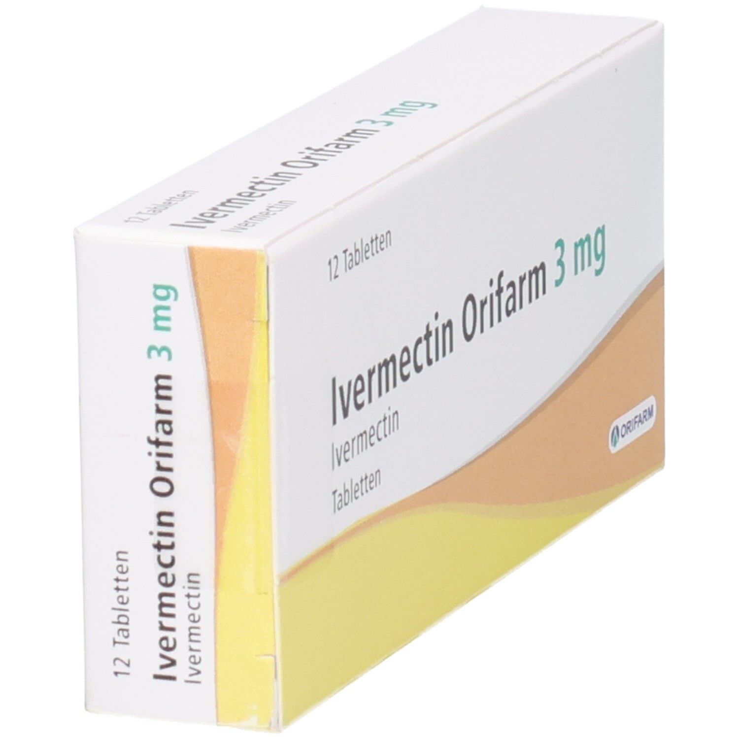 Packung mit 12 Tabletten Ivermectin Orifarm 3 mg, Seitenansicht.
