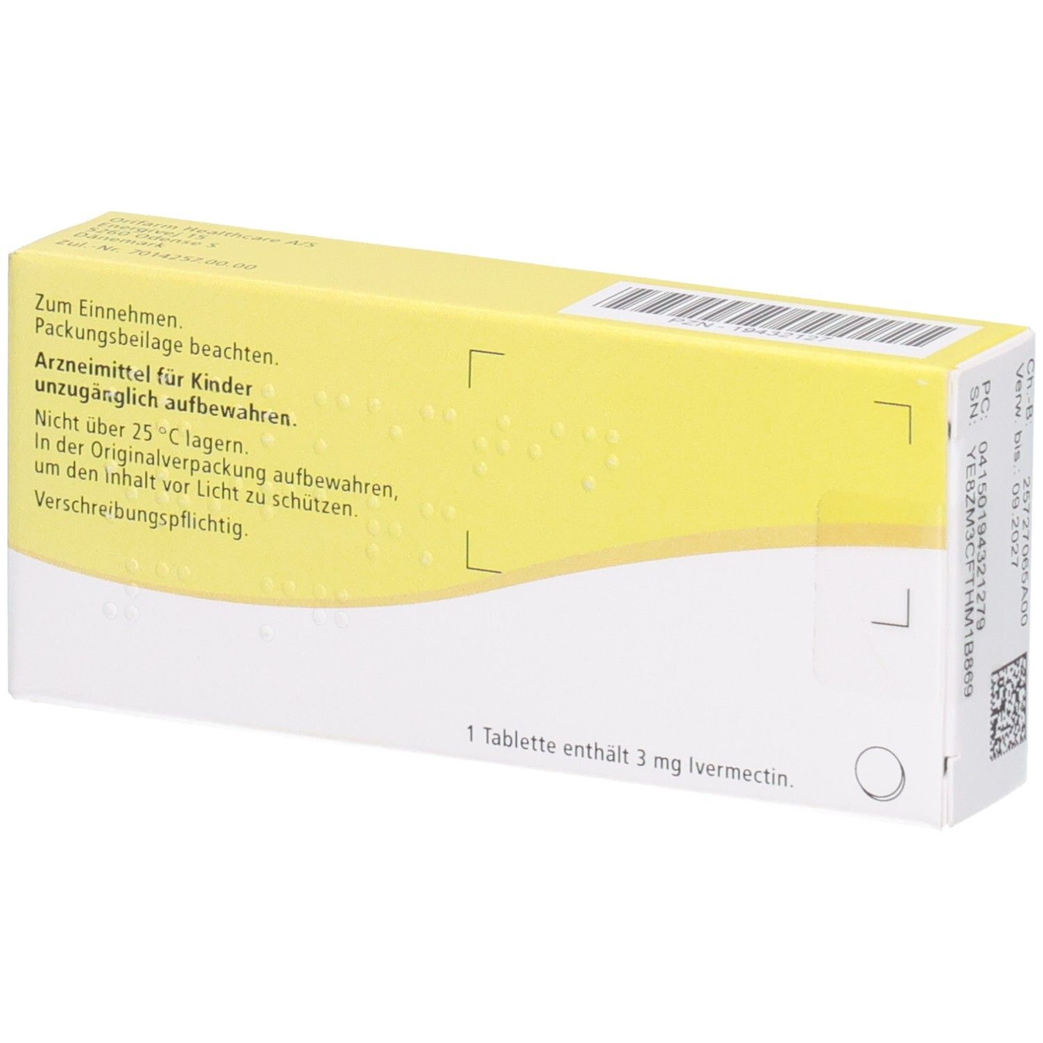 Rückseite der Packung mit 12 Tabletten Ivermectin Orifarm 3 mg.