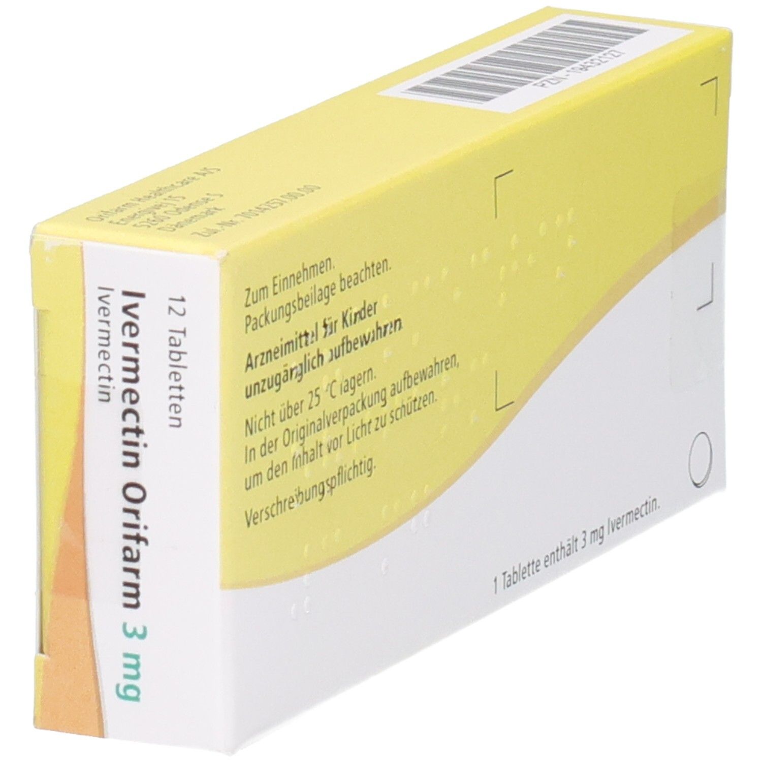 Schrägansicht der Packung mit 12 Tabletten Ivermectin Orifarm 3 mg.