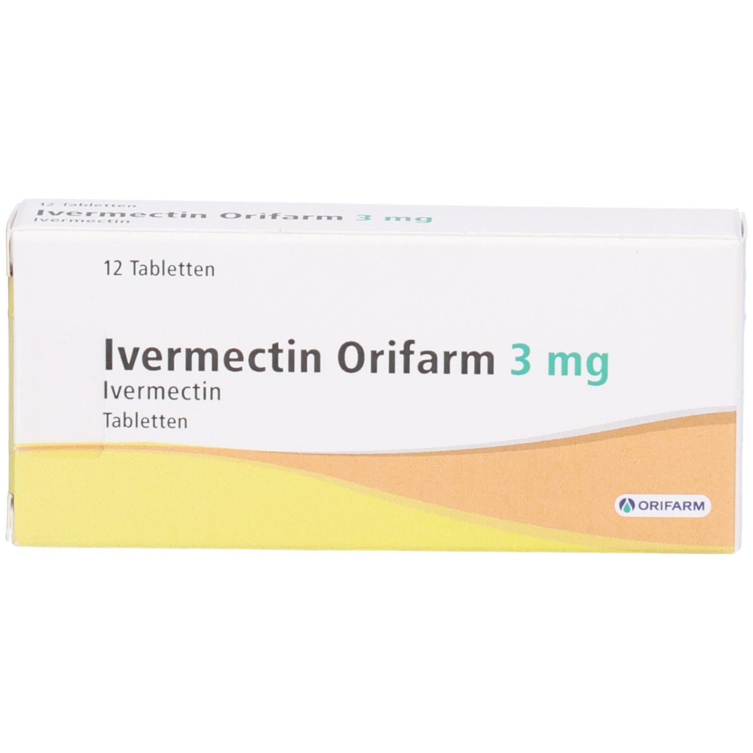 Vorderseite der Packung mit 12 Tabletten Ivermectin Orifarm 3 mg.