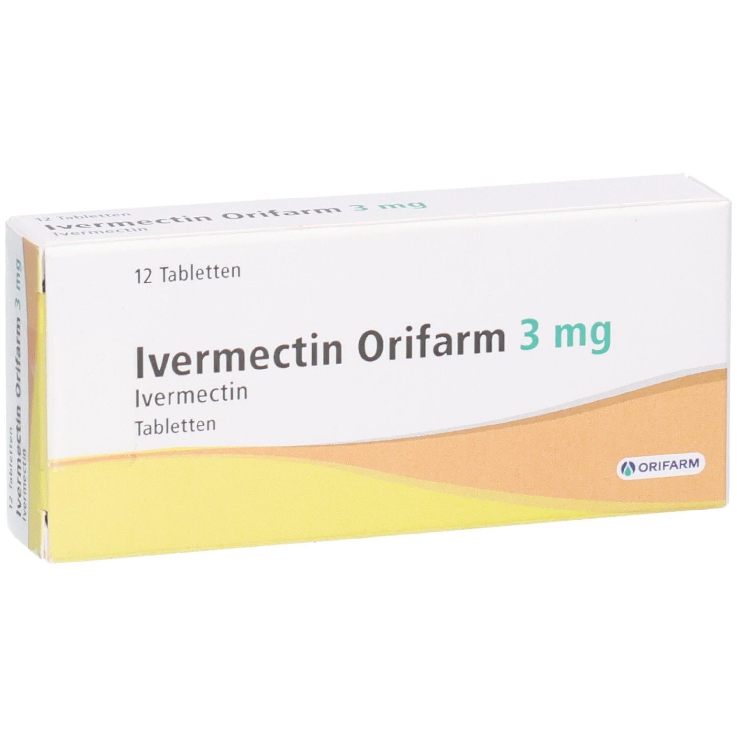 Packung mit 12 Tabletten Ivermectin Orifarm 3 mg, mit Orifarm Logo.