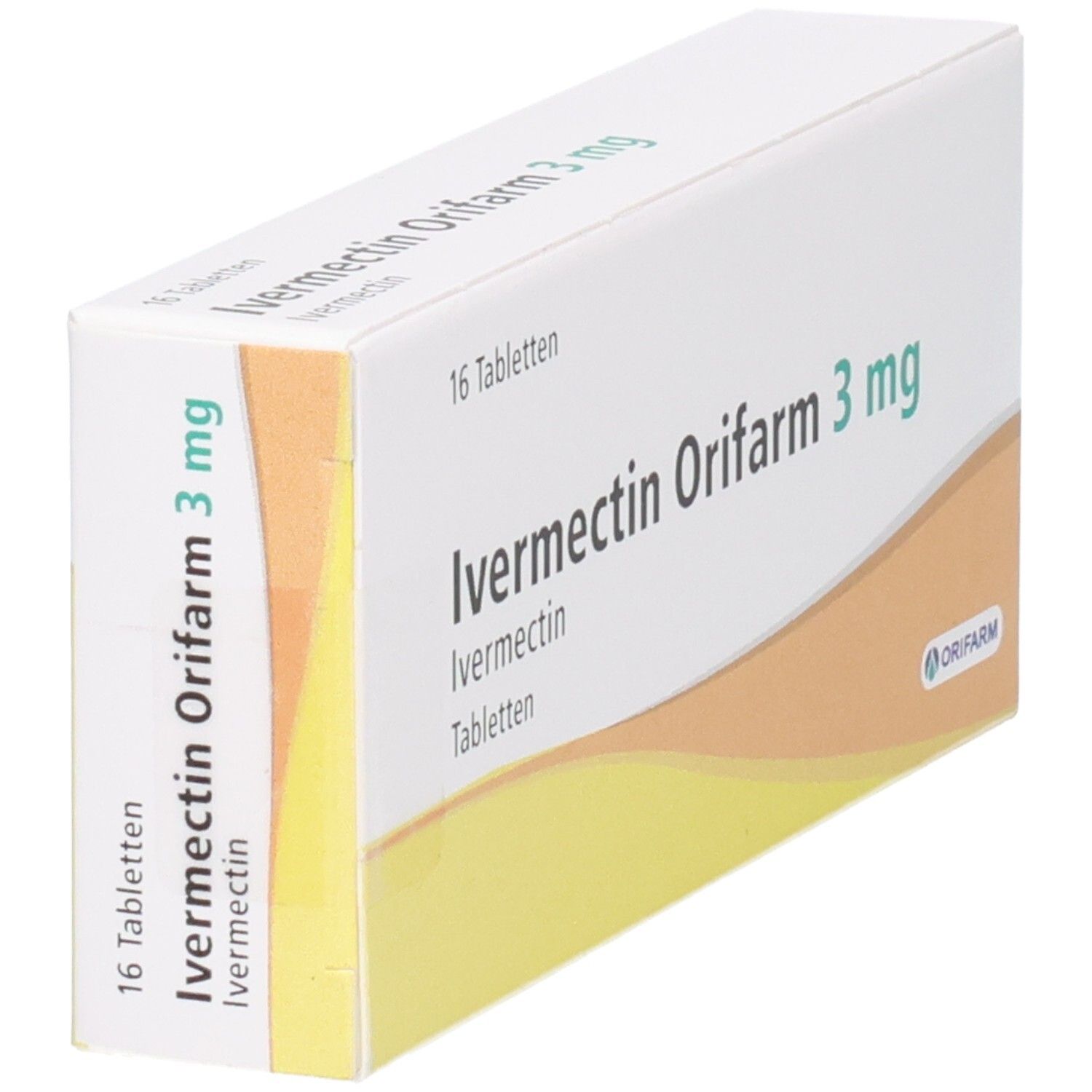 Packung Ivermectin Orifarm 3 mg Tabletten, 16 Stück, Seitenansicht.