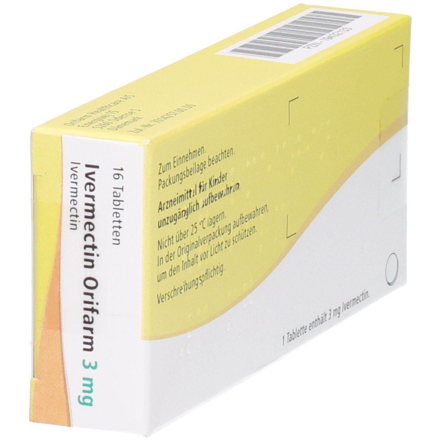 Packung Ivermectin Orifarm 3 mg Tabletten, 16 Stück, schräge Ansicht.