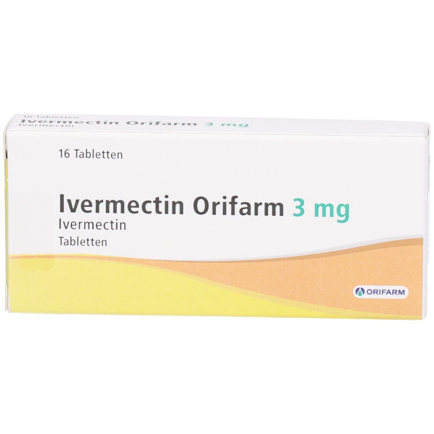 Packung Ivermectin Orifarm 3 mg Tabletten, 16 Stück.