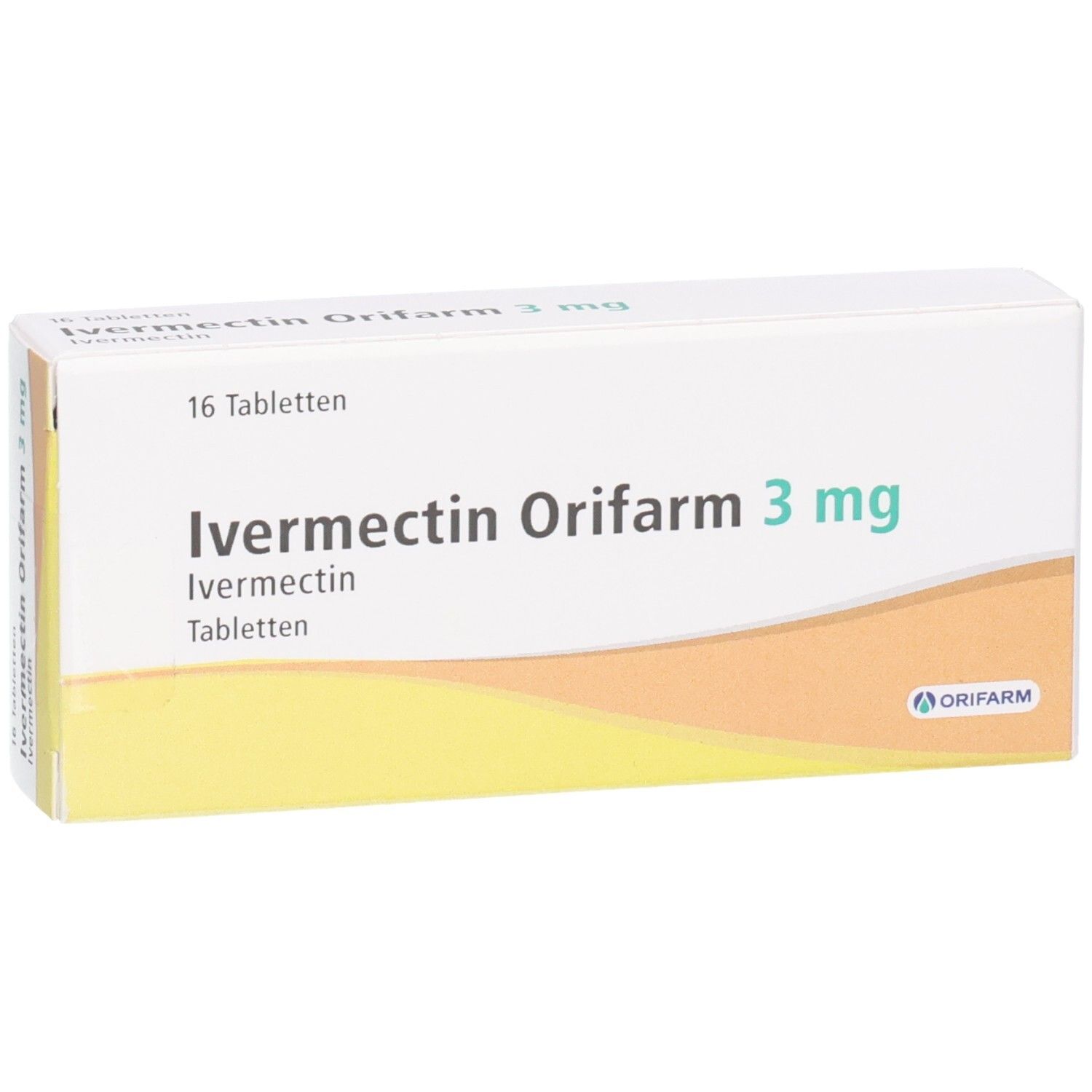 Packung Ivermectin Orifarm 3 mg Tabletten, 16 Stück.