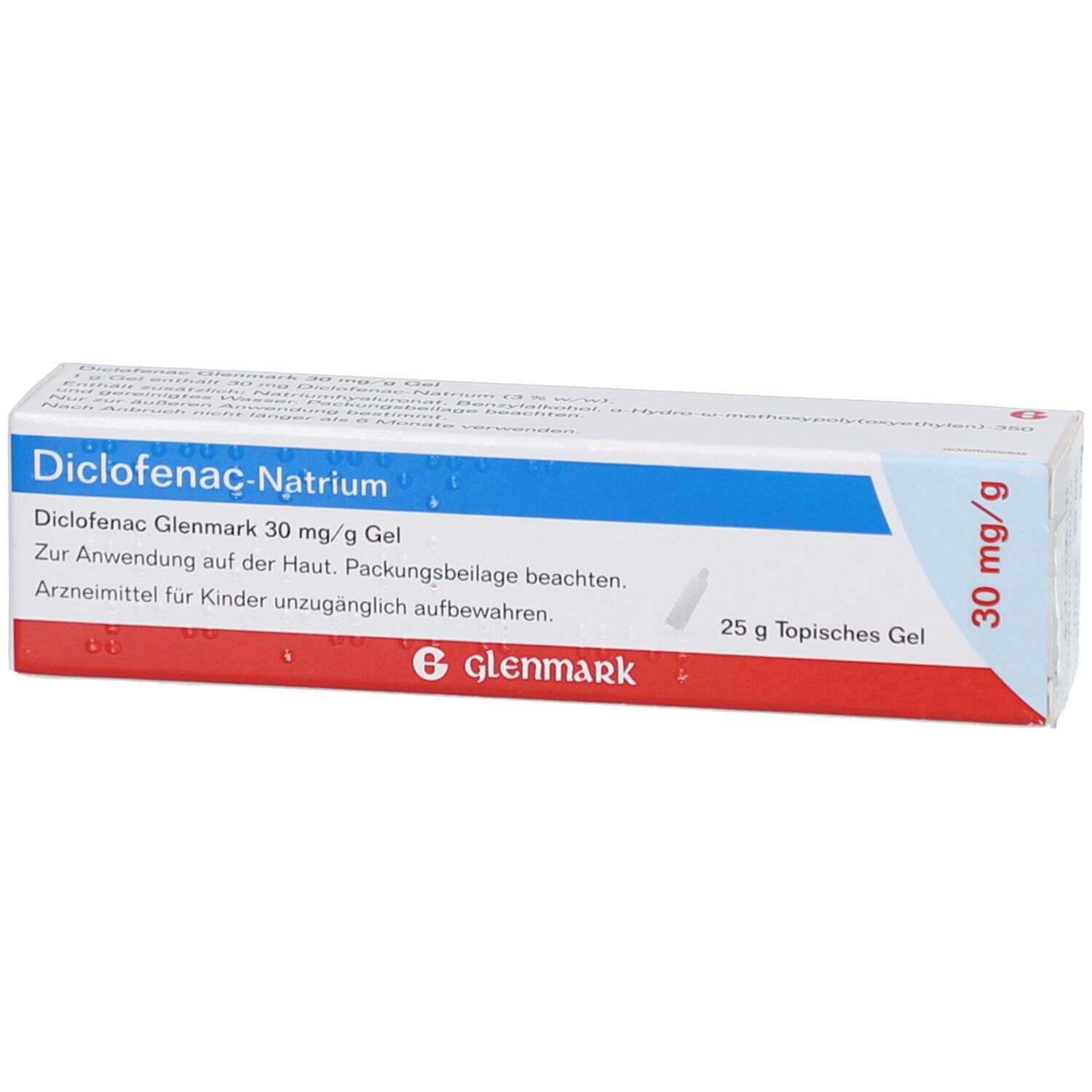 Schachtel mit blauer und roter Beschriftung. Aufschrift: Diclofenac-Natrium, 30 mg/g Gel, Glenmark. 25 g topisches Gel.