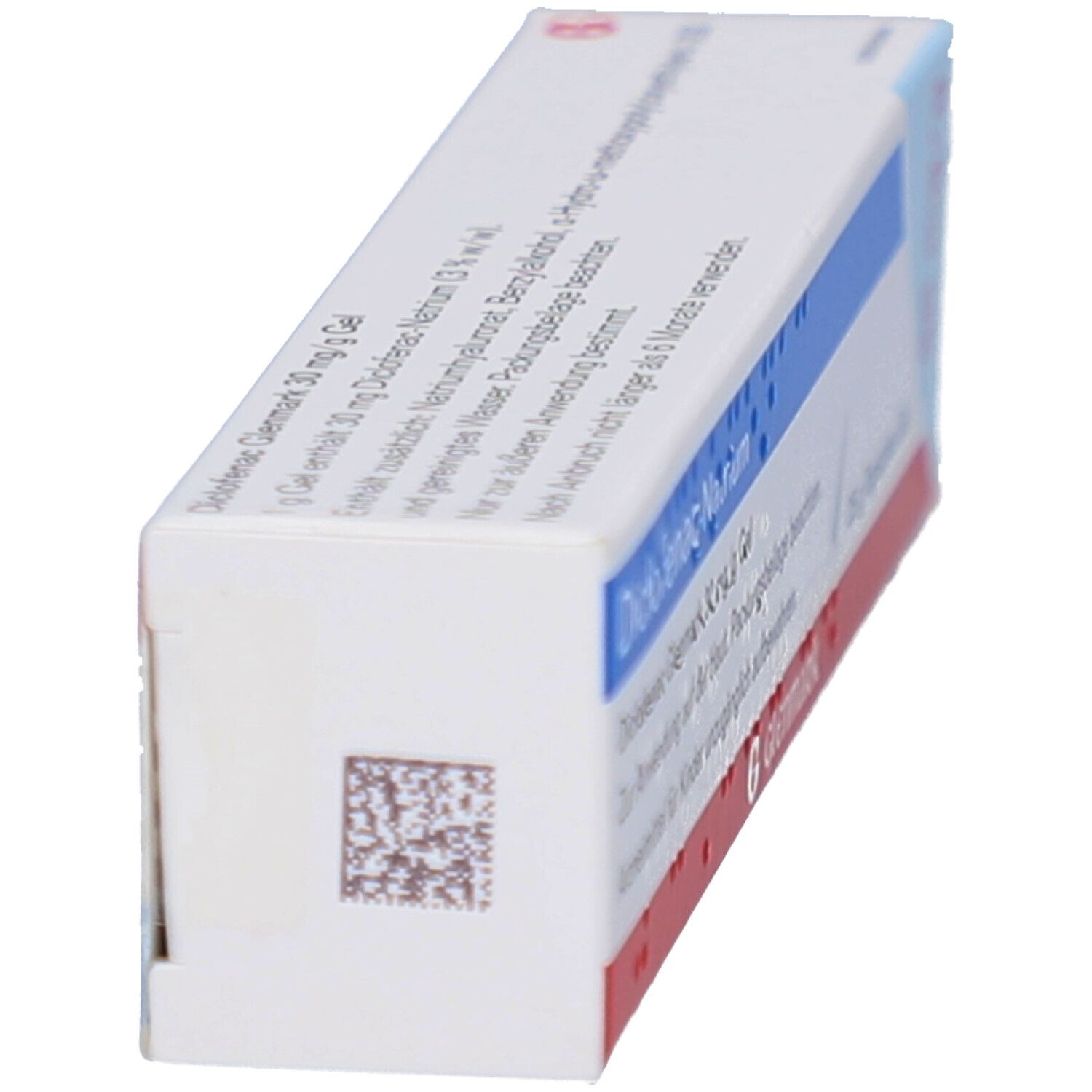 Schachtel, Seitenansicht. Aufschrift: Diclofenac-Natrium, 30 mg/g Gel. Glenmark Logo. Barcode.