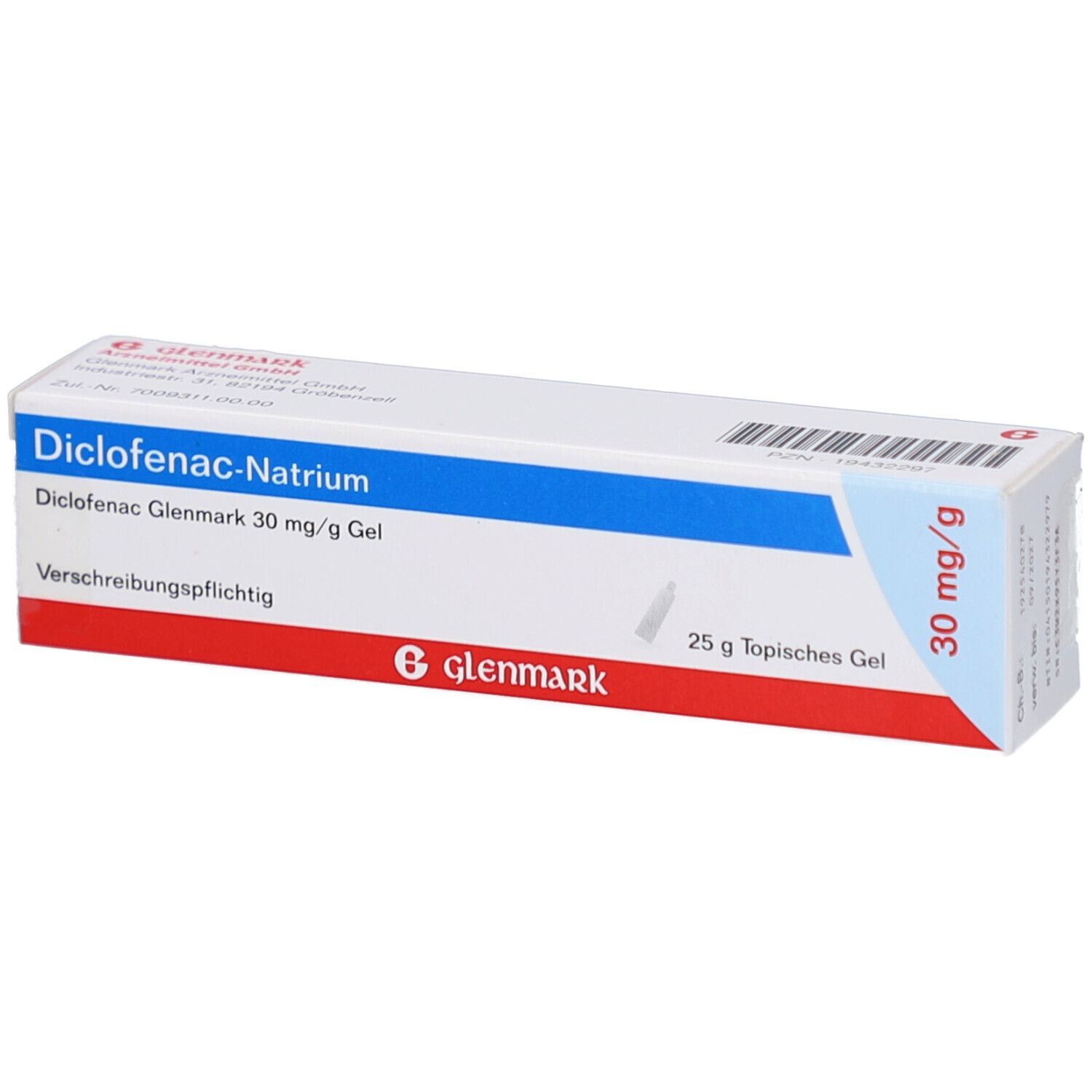 Schachtel mit blauer und roter Beschriftung. Aufschrift: Diclofenac-Natrium, 30 mg/g Gel, Glenmark. 25 g topisches Gel.