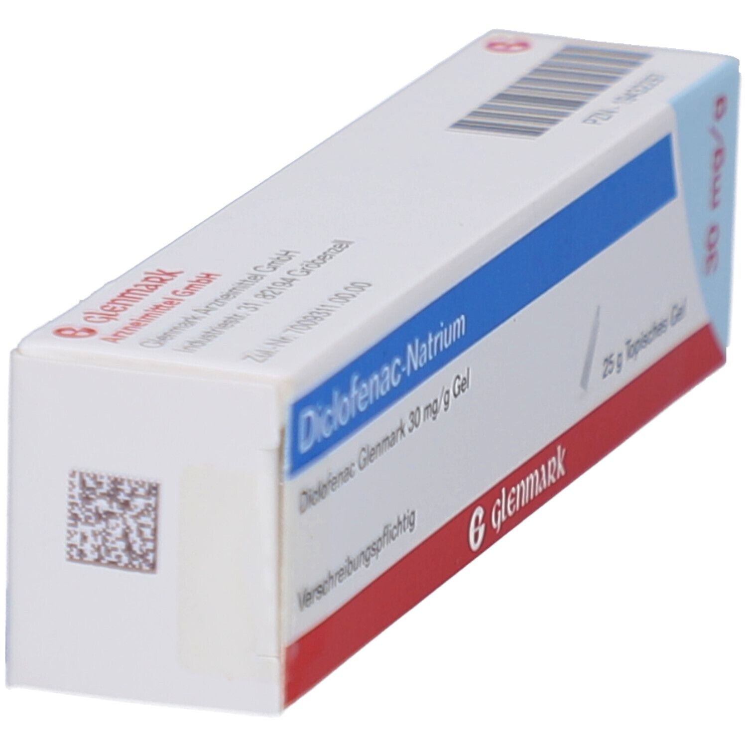 Schachtel, Seitenansicht. Aufschrift: Diclofenac-Natrium, 30 mg/g Gel. Glenmark Logo. Barcode.