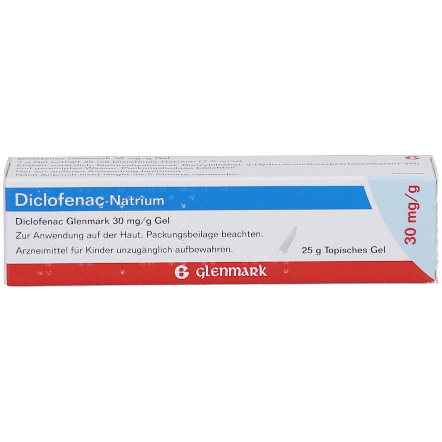 Schachtel mit blauer und roter Beschriftung. Aufschrift: Diclofenac-Natrium, 30 mg/g Gel, Glenmark. 25 g topisches Gel.