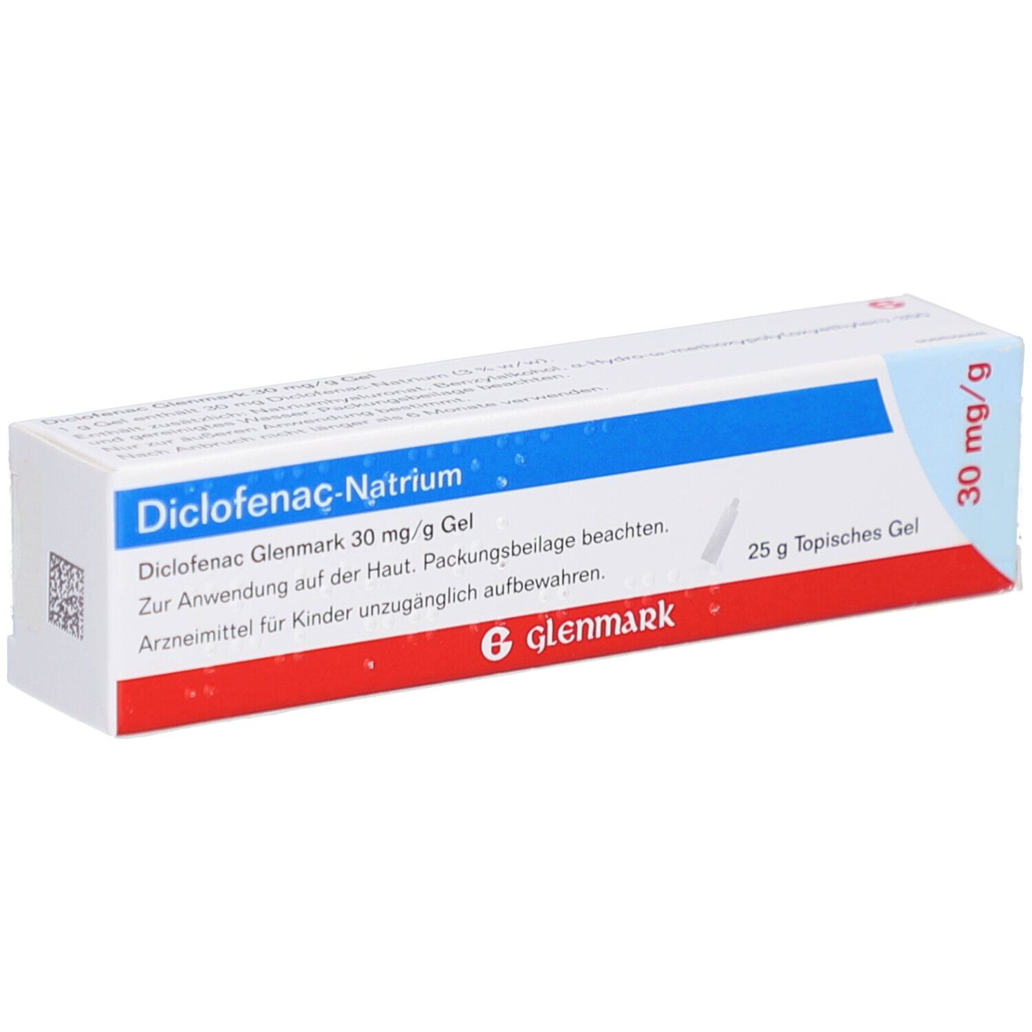 Schachtel mit blauer und roter Beschriftung. Aufschrift: Diclofenac-Natrium, 30 mg/g Gel, Glenmark. 25 g topisches Gel.