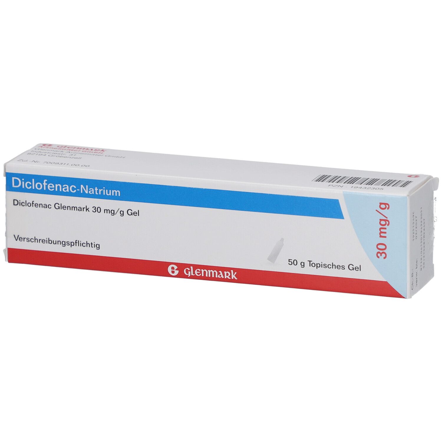 Schachtel mit Diclofenac Glenmark 30 mg/g Gel. Blaue und rote Akzente. Text: Diclofenac-Natrium, 50 g topisches Gel, 30 mg/g.