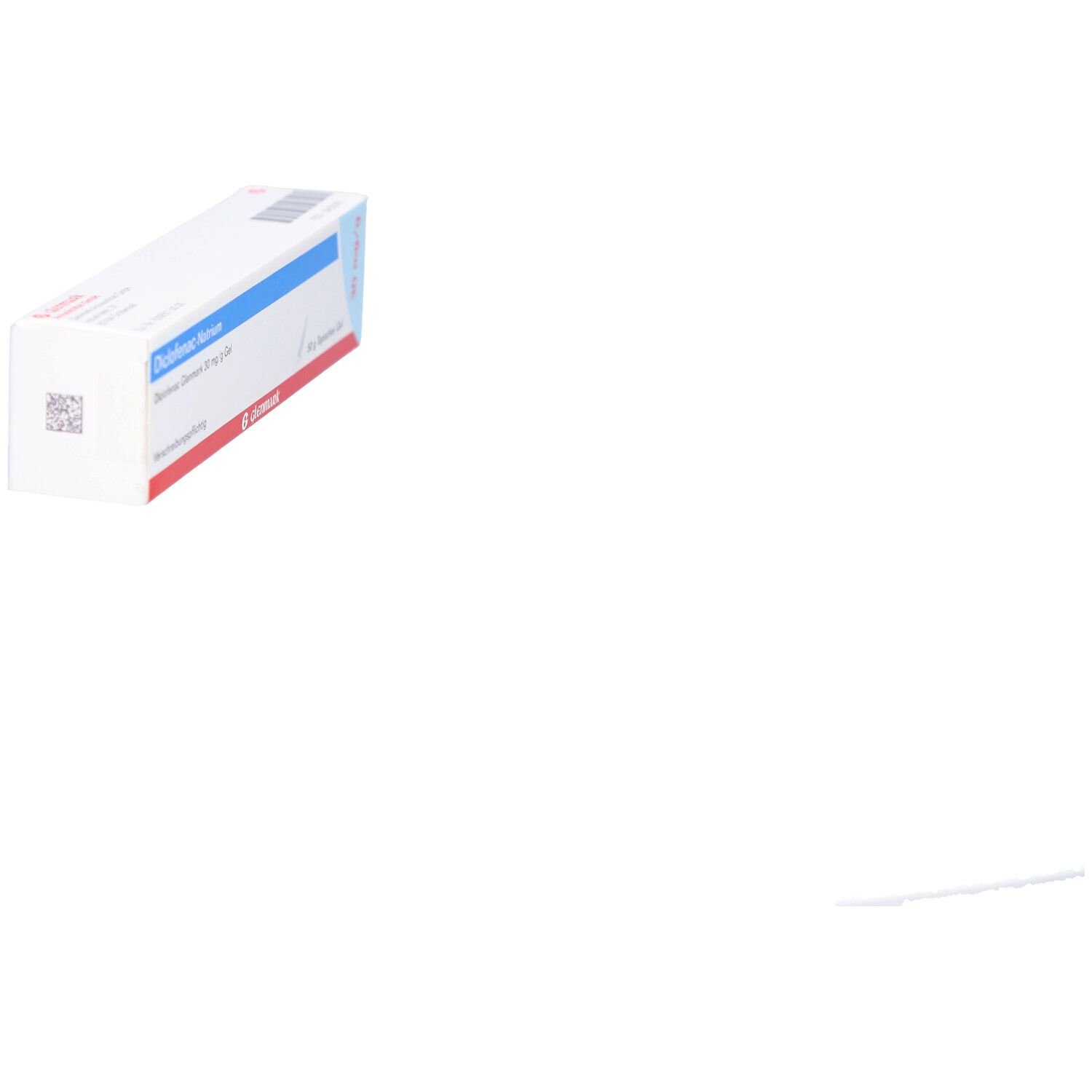 Schachtel mit Diclofenac Glenmark 30 mg/g Gel. Blaue und rote Akzente. Text: Diclofenac-Natrium, 50 g topisches Gel, 30 mg/g.