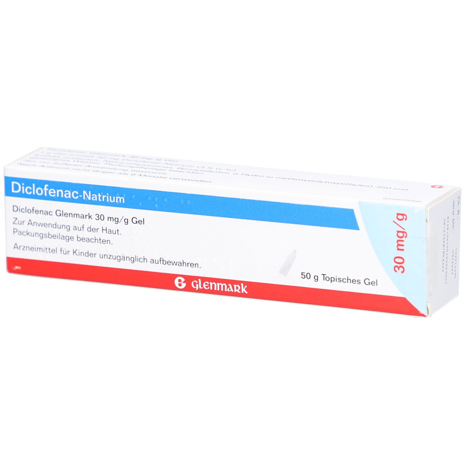 Schachtel mit Diclofenac Glenmark 30 mg/g Gel. Blaue und rote Akzente. Text: Diclofenac-Natrium, 50 g topisches Gel, 30 mg/g.