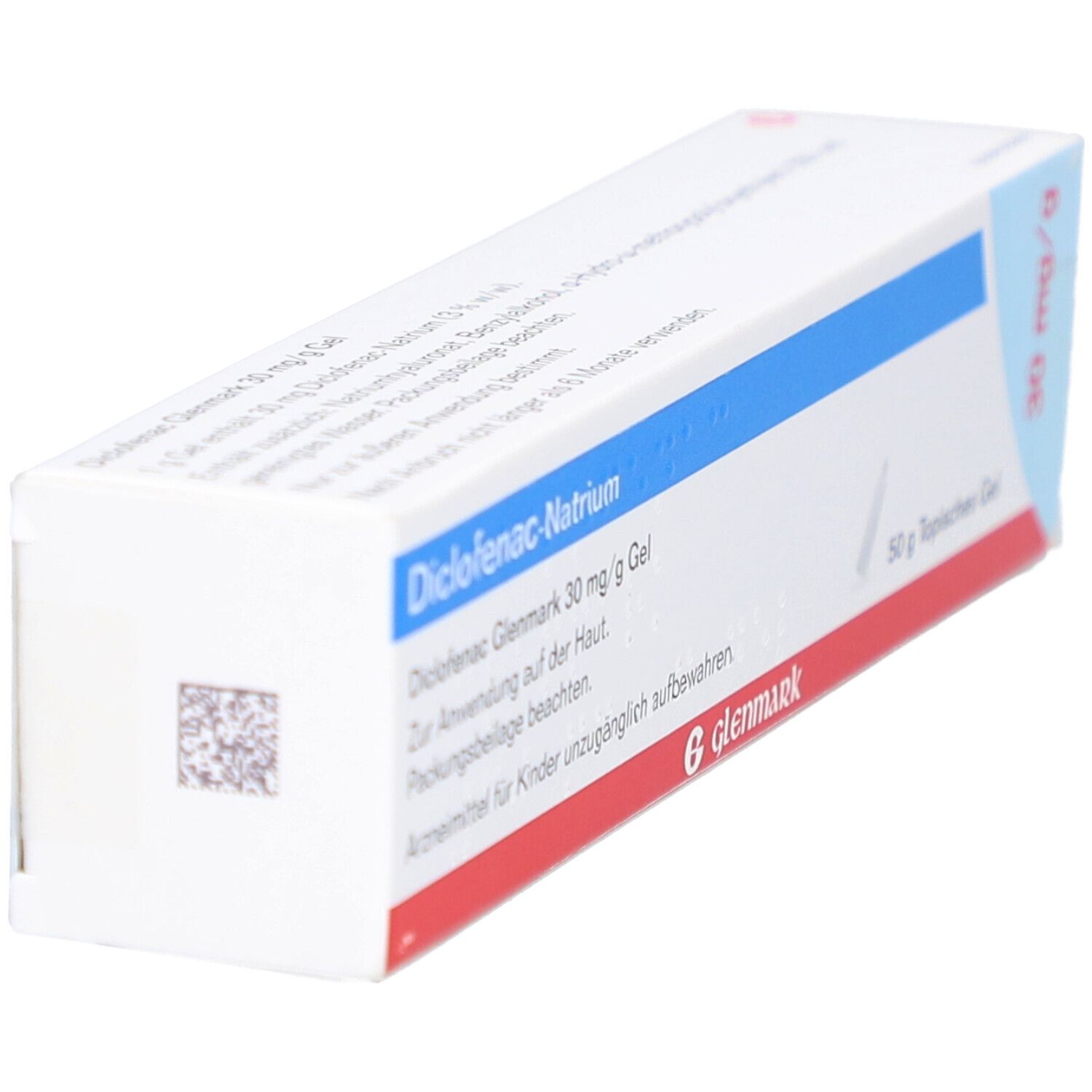 Schachtel mit Diclofenac Glenmark 30 mg/g Gel. Blaue und rote Akzente. Text: Diclofenac-Natrium, 50 g topisches Gel, 30 mg/g.