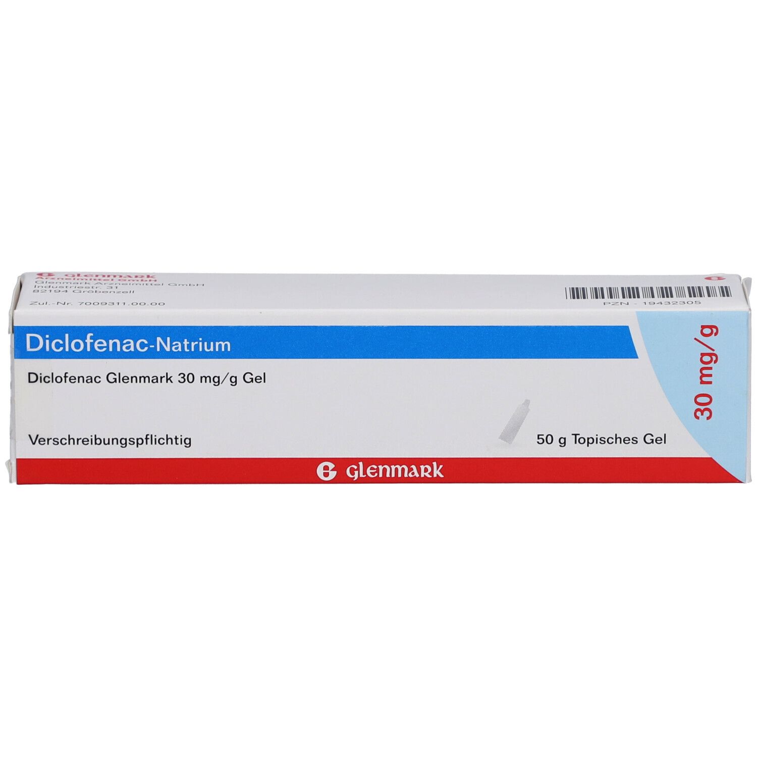 Schachtel mit Diclofenac Glenmark 30 mg/g Gel. Blaue und rote Akzente. Text: Diclofenac-Natrium, 50 g topisches Gel, 30 mg/g.