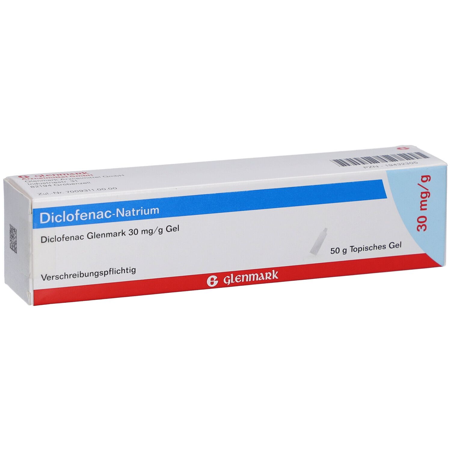 Schachtel mit Diclofenac Glenmark 30 mg/g Gel. Blaue und rote Akzente. Text: Diclofenac-Natrium, 50 g topisches Gel, 30 mg/g.