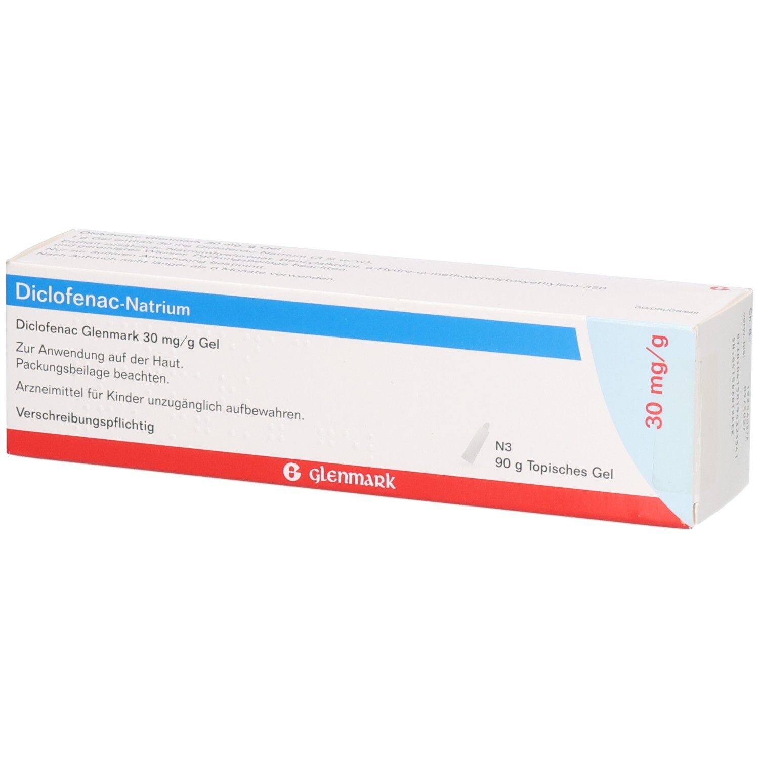 Schachtel mit Diclofenac Glenmark 30 mg/g Gel. Blaue und rote Streifen. Glenmark Logo. Text: Diclofenac-Natrium, 30 mg/g, 90 g.