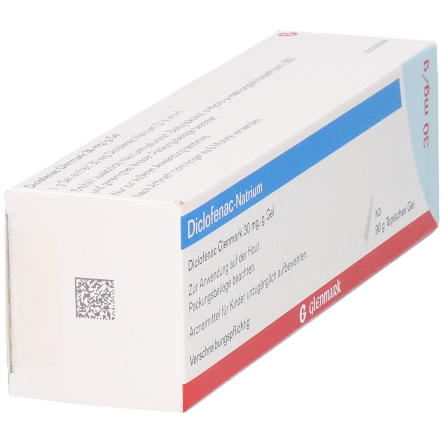 Schachtel mit Diclofenac Glenmark 30 mg/g Gel. Blaue und rote Streifen. Glenmark Logo. Text: Diclofenac-Natrium, 30 mg/g, 90 g.