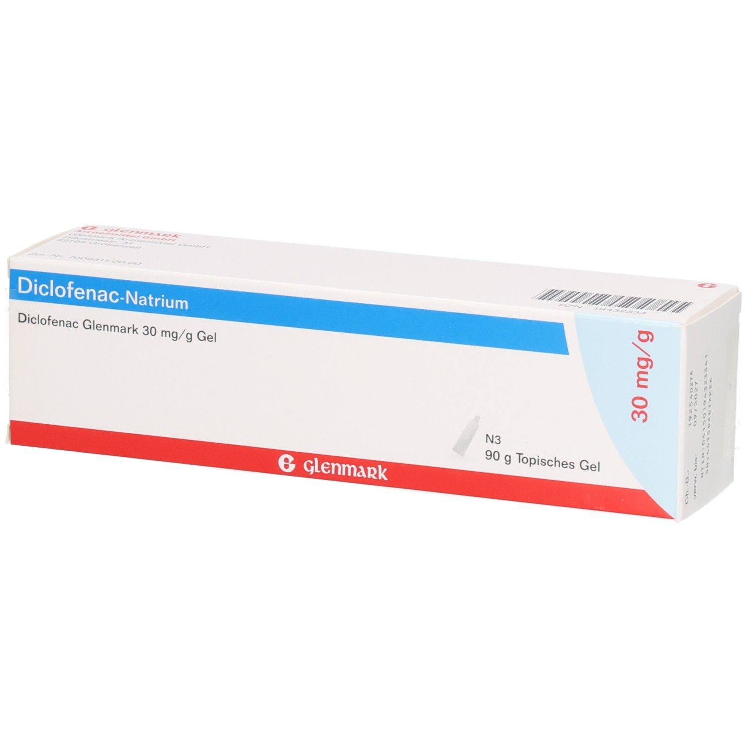 Schachtel mit Diclofenac Glenmark 30 mg/g Gel. Blaue und rote Streifen. Glenmark Logo. Text: Diclofenac-Natrium, 30 mg/g, 90 g.