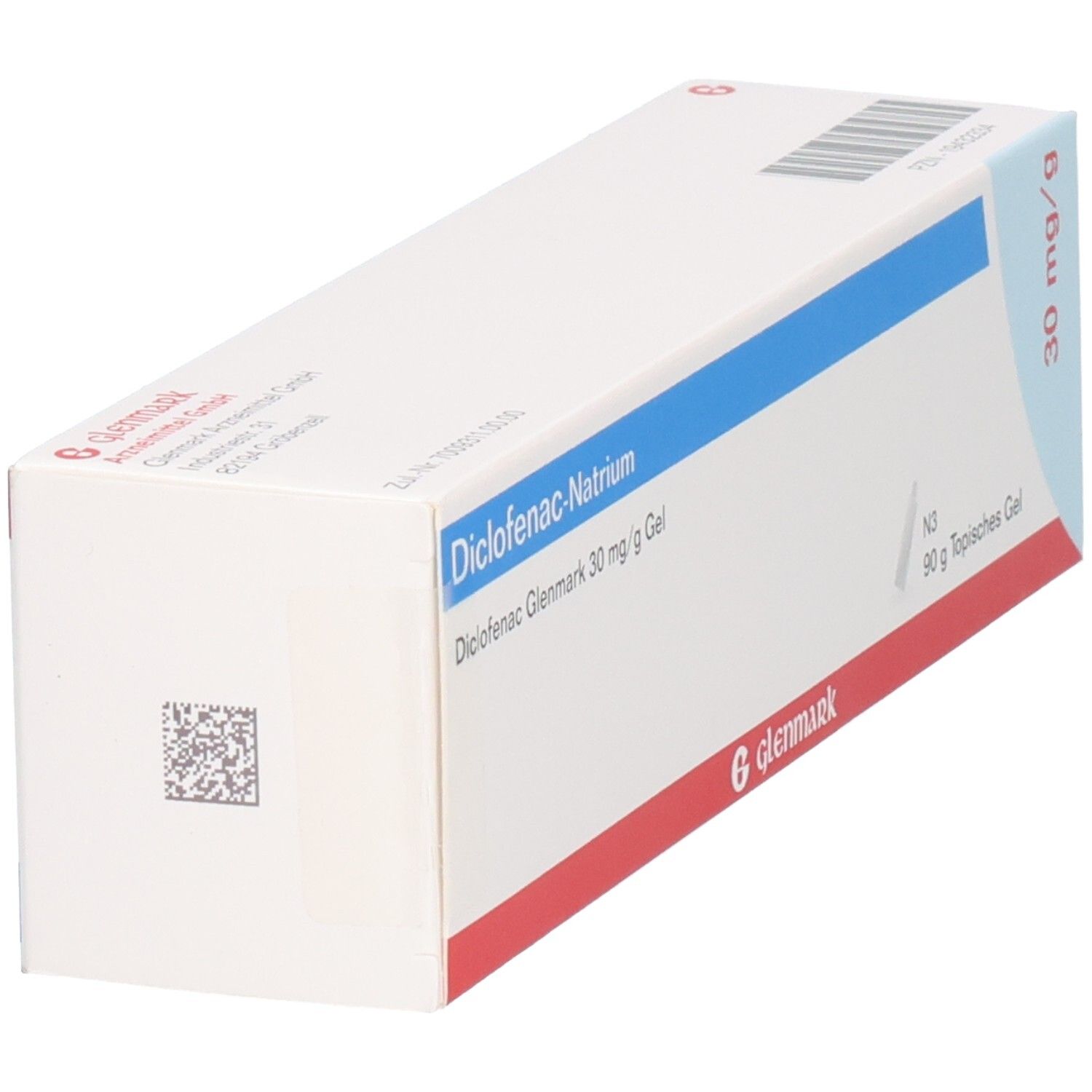 Schachtel mit Diclofenac Glenmark 30 mg/g Gel. Blaue und rote Streifen. Glenmark Logo. Text: Diclofenac-Natrium, 30 mg/g, 90 g.