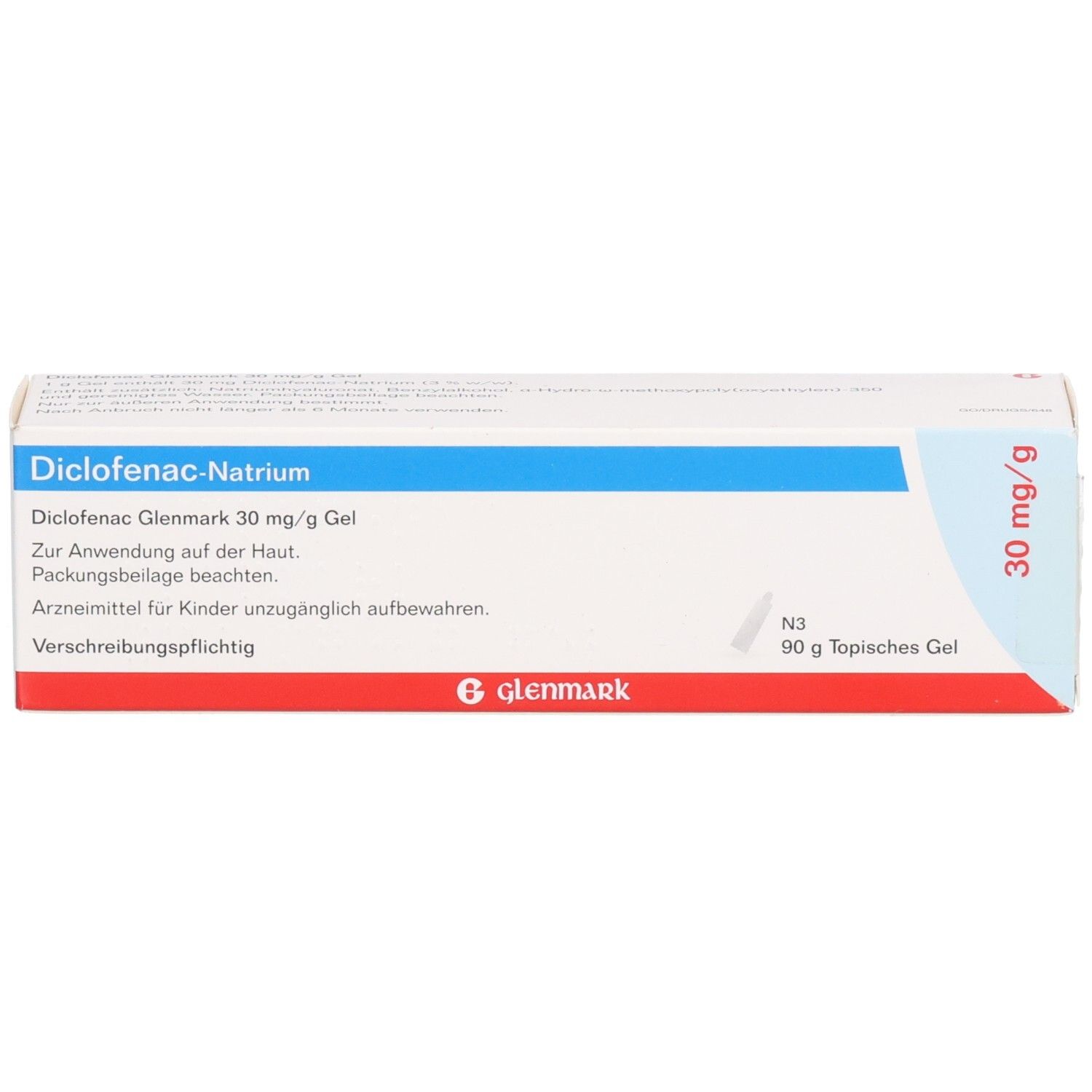 Schachtel mit Diclofenac Glenmark 30 mg/g Gel. Blaue und rote Streifen. Glenmark Logo. Text: Diclofenac-Natrium, 30 mg/g, 90 g.