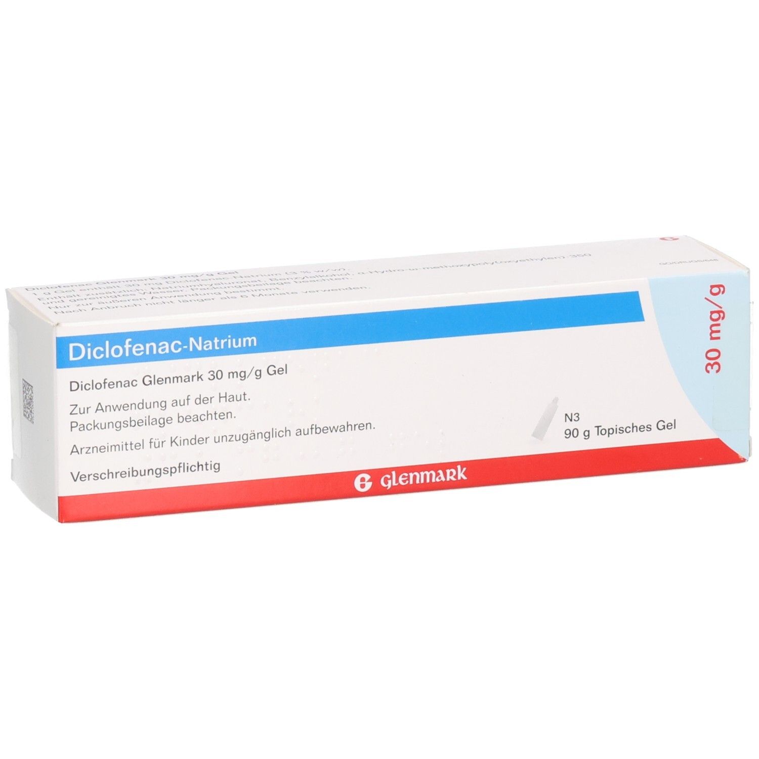 Schachtel mit Diclofenac Glenmark 30 mg/g Gel. Blaue und rote Streifen. Glenmark Logo. Text: Diclofenac-Natrium, 30 mg/g, 90 g.